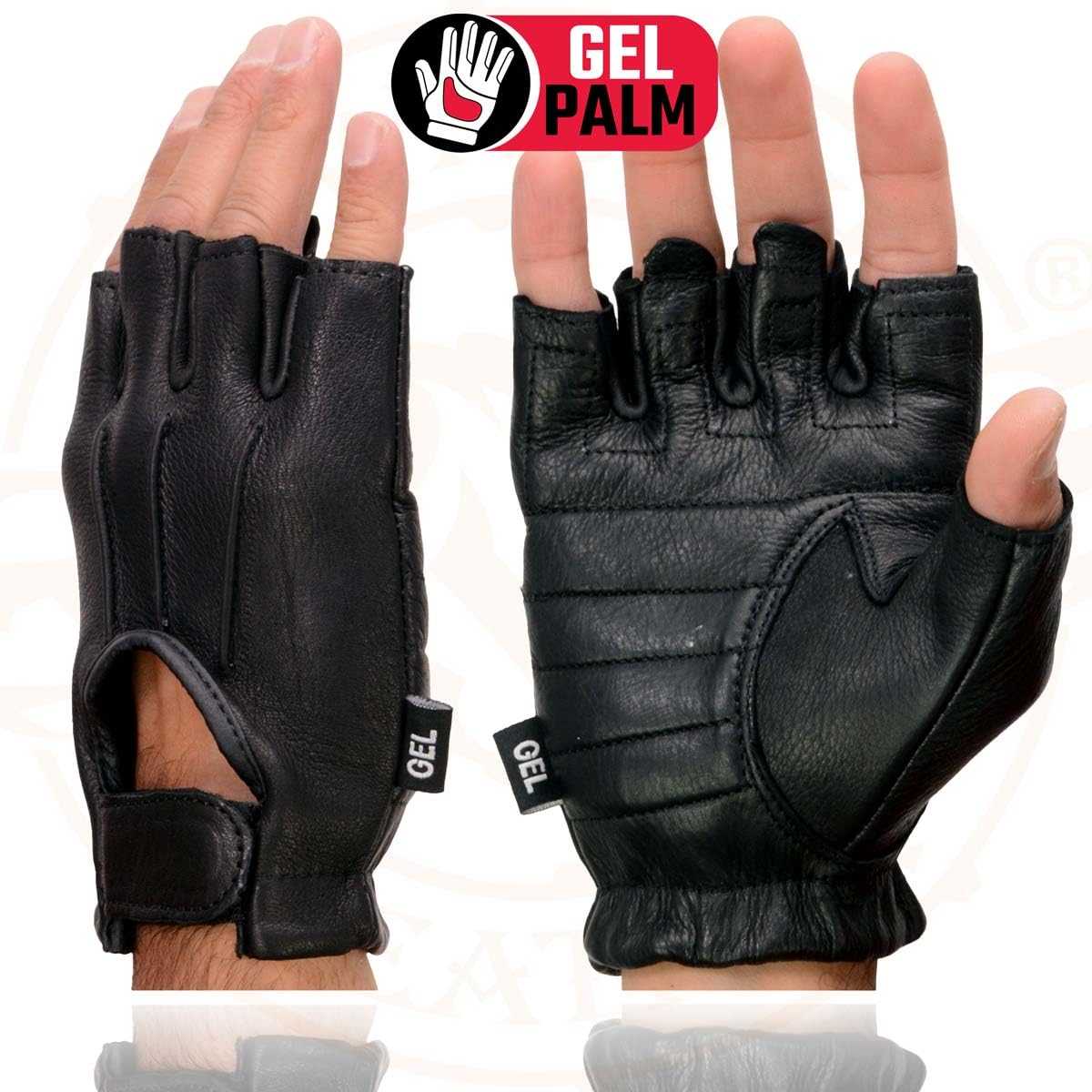 Shaf International SH878 Men's Black Leather Gel Padded Palm Fingerless Motorcycle Hand Gloves Welted Genuine USA Deerskin - XXX