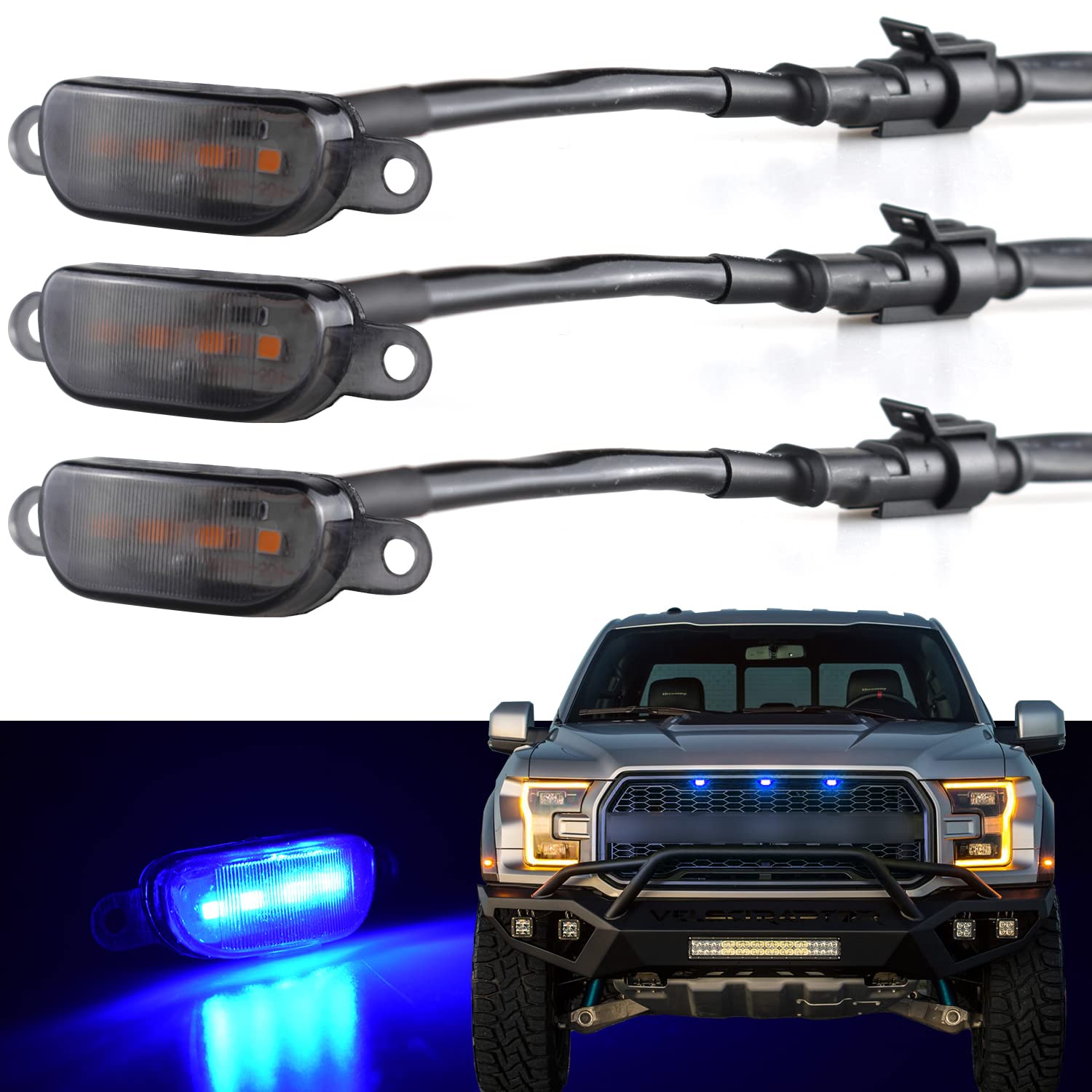 Boigoo Front Grille Lights Compatible For Ford F-150 Raptor 2004-2019 & Dodge Ram 1500 2013-2018 Aftermarket Grilles, Auto Grid Decorative Led (Blue Light Smoked Lens)