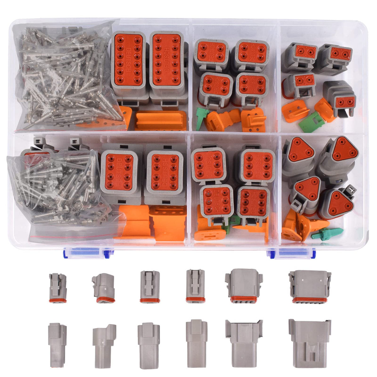 Amliber 174Pcs 12 Kits DT Series Deutsch Connector Kit 2 3 4 6 8 12 Pin Connectors with Size 16 Stamped Contacts IP68 Waterproof