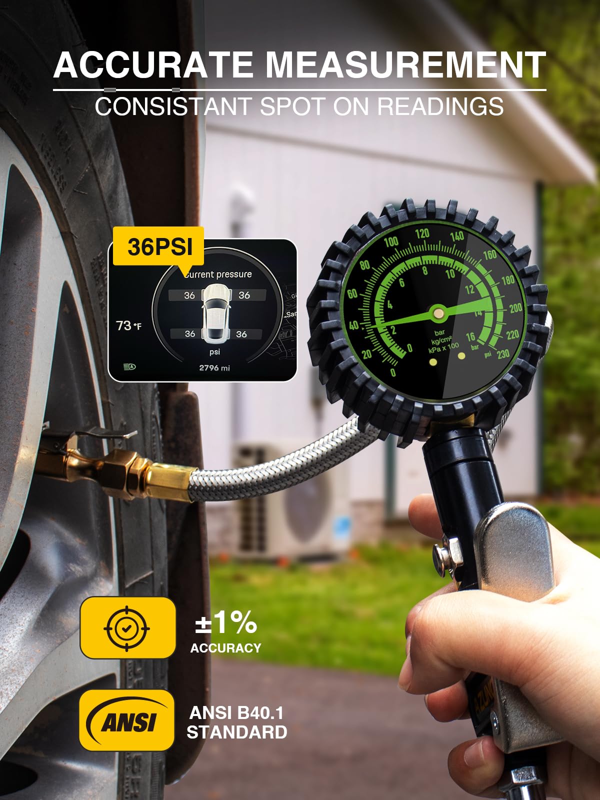 Azuno Heavy Duty Tire Pressure Gauge, Tire Inflator Gauge 230Psi Air Chuck Air Compressor Attachments, With Steel Braided Hose,