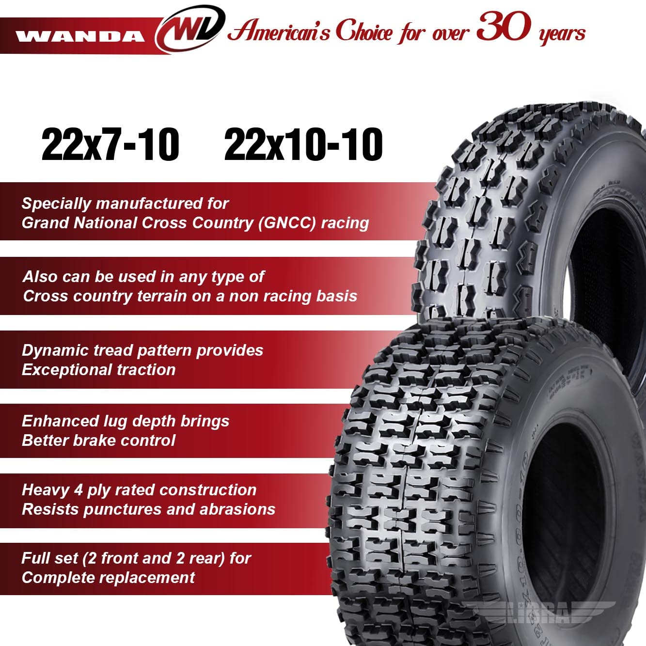 Wanda 22X7-10 & 22X10-10 Full Set Yamaha Timberwolf 250 Beartracker Sport Atv Tires
