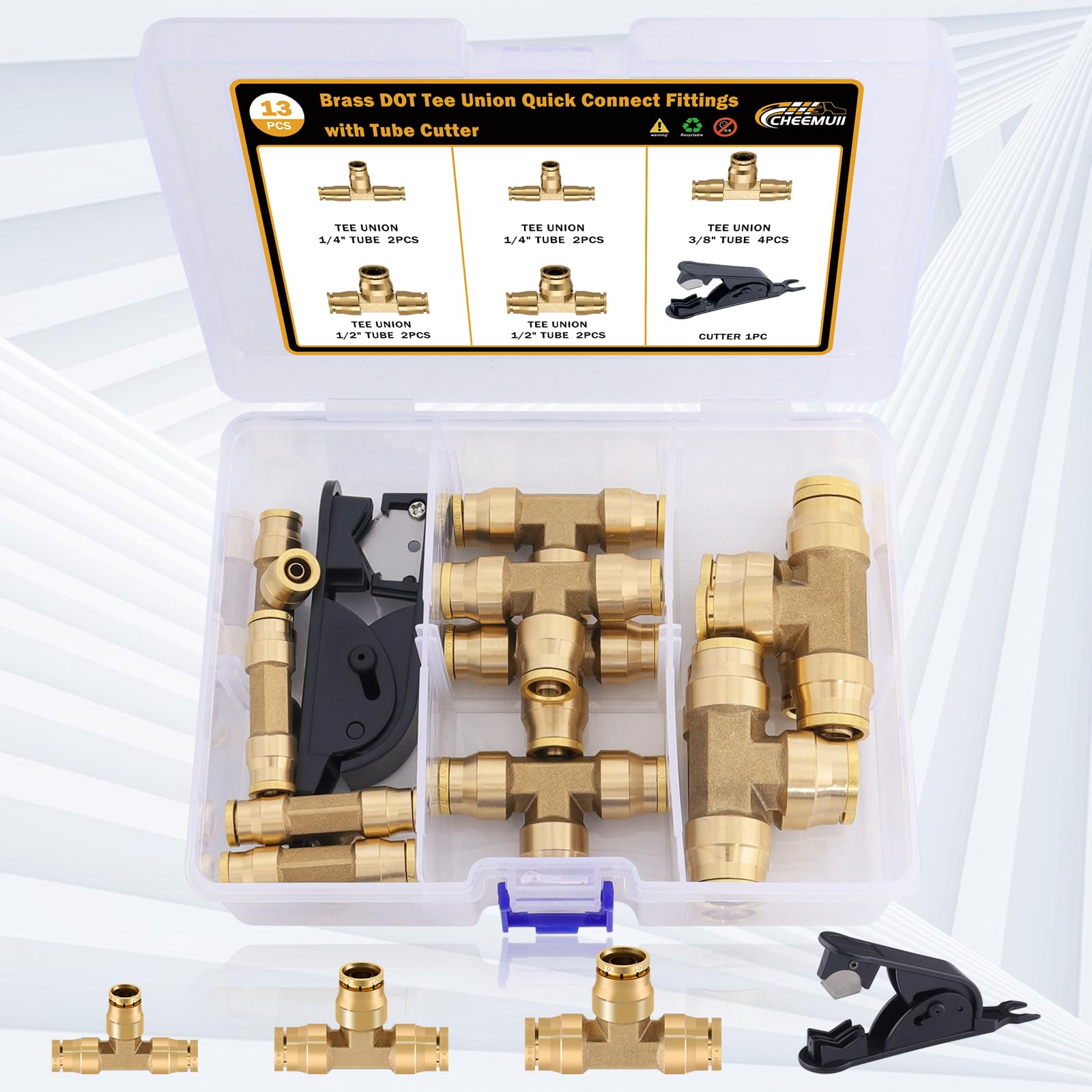 Cheemuii 13 Pcs Brass Dot Air Line Fittings Kit 1/4 3/8 1/2 Dot Quick Connect Air Fittings Tee Union Push To Connect Air Hose Fi