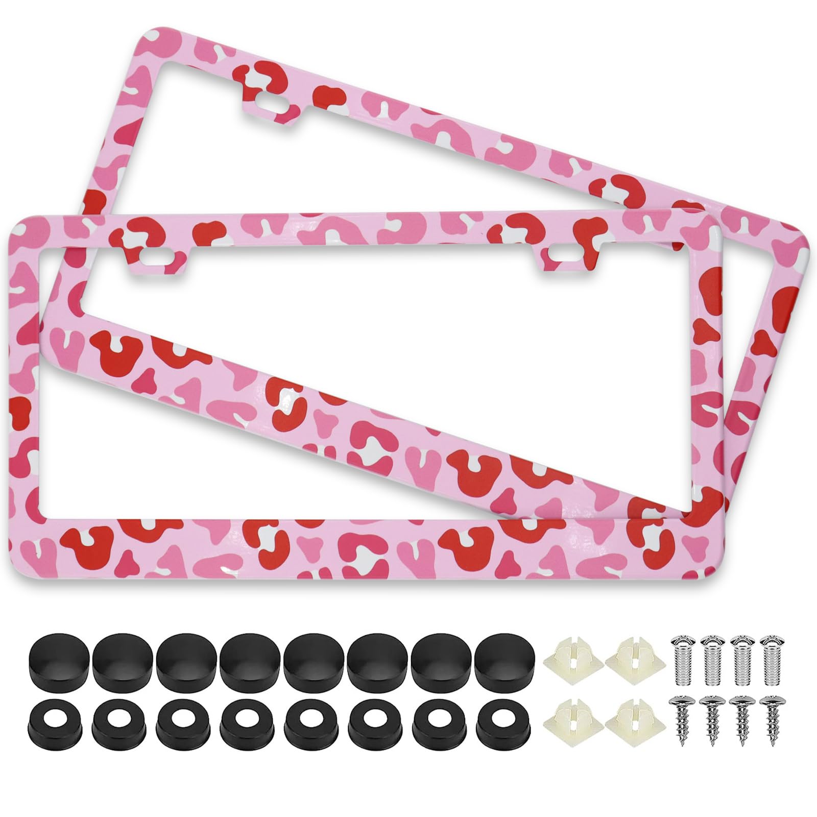 Leopard Print License Plate Frames Pink, 2 Pack Leopard Car Plate Frame, Stainless Steel License Plate Holders Covers With Free