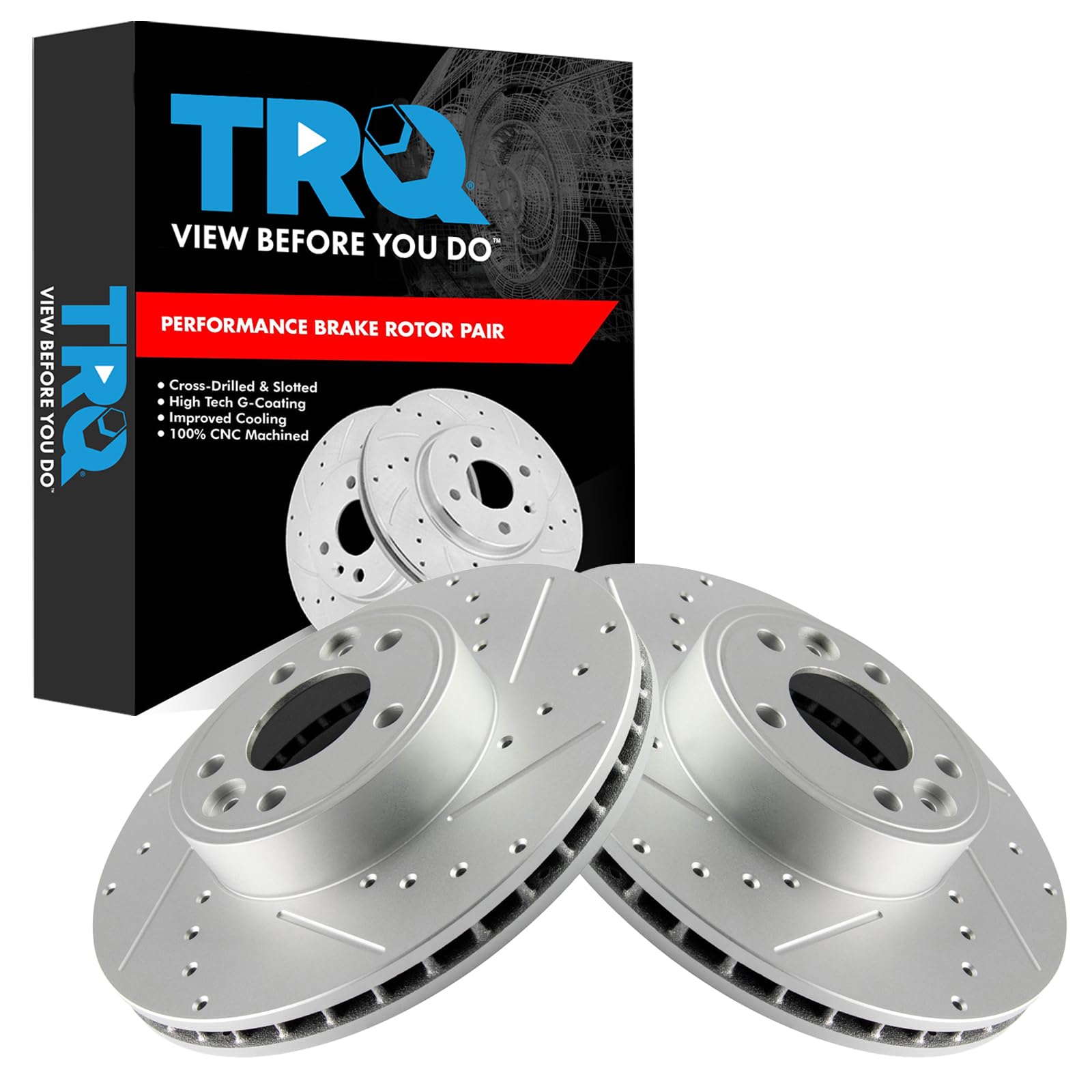 Trq Brake Rotors Set Performance Premium G-Coated Slotted X Drilled Front Driver & Passenger Side Compatible With 1998-2002 Ford