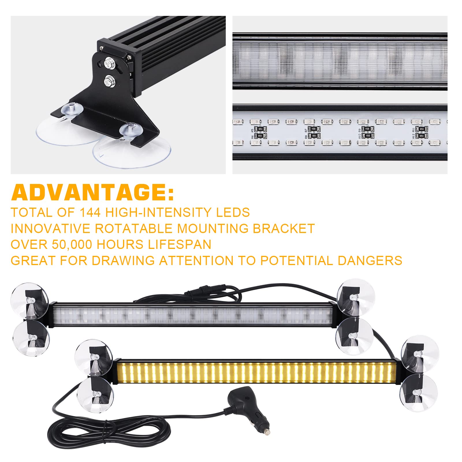 Xridonsen 2 In 1 Emergency Strobe Traffic Advisor Amber Light Bar 144 Led Warning Safety Interior Dash Windshield Lights Deck Sp