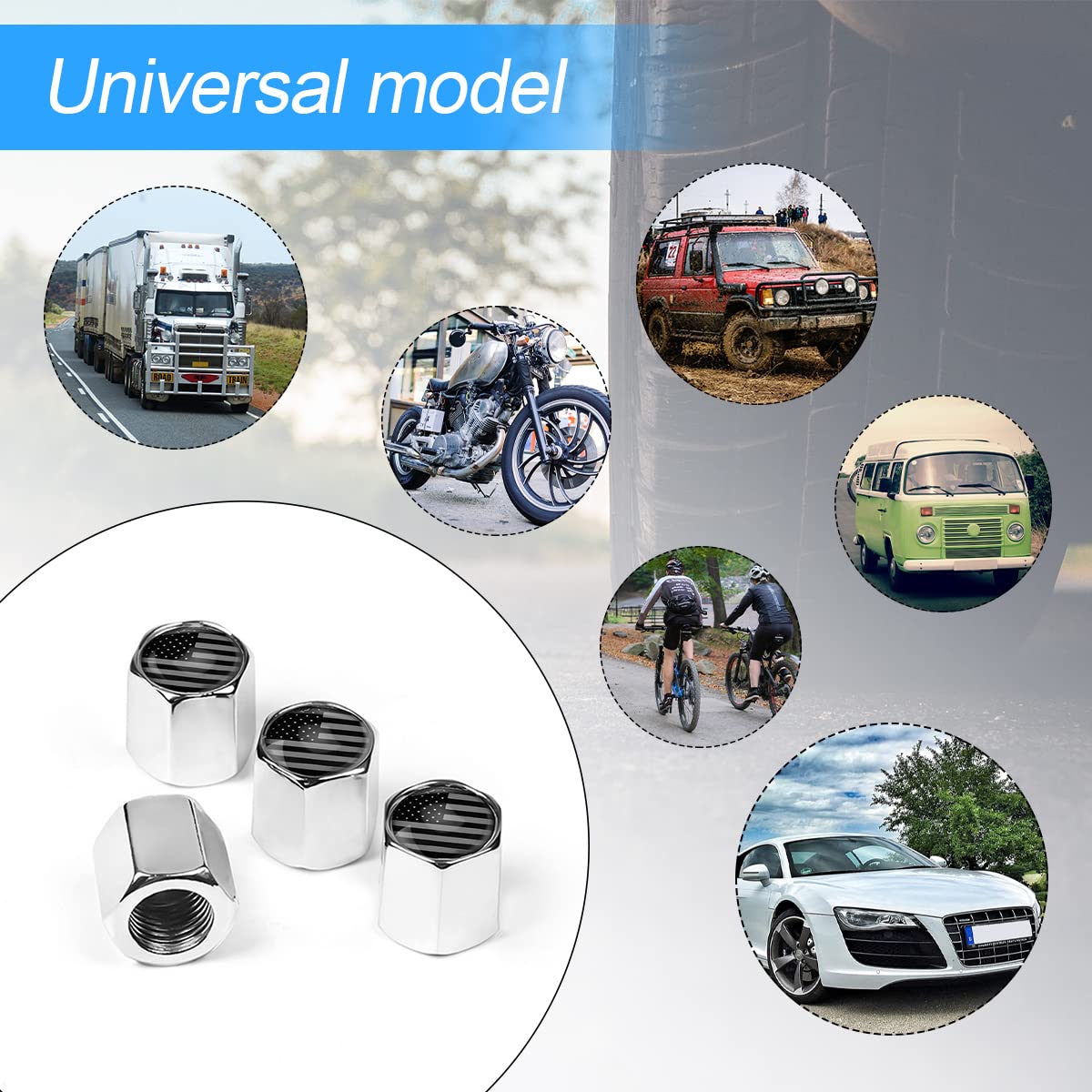 American Flag Tire Valve Stem Caps For Car, 4Pack Anti-Rust Airtight Rubber Seal Universal Valve Stem Covers For Cars, Vehicles, Bicycles, Trucks, Motorcycles, Car Accessories (Silver/Gray)