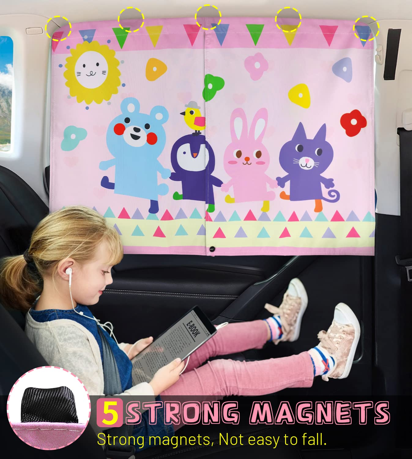 Car Window Shade For Baby, 2Pcs Magnetic Auto Sun Shades For Side Windows Double Layer Full & Half Shade Options, Cute Patterns