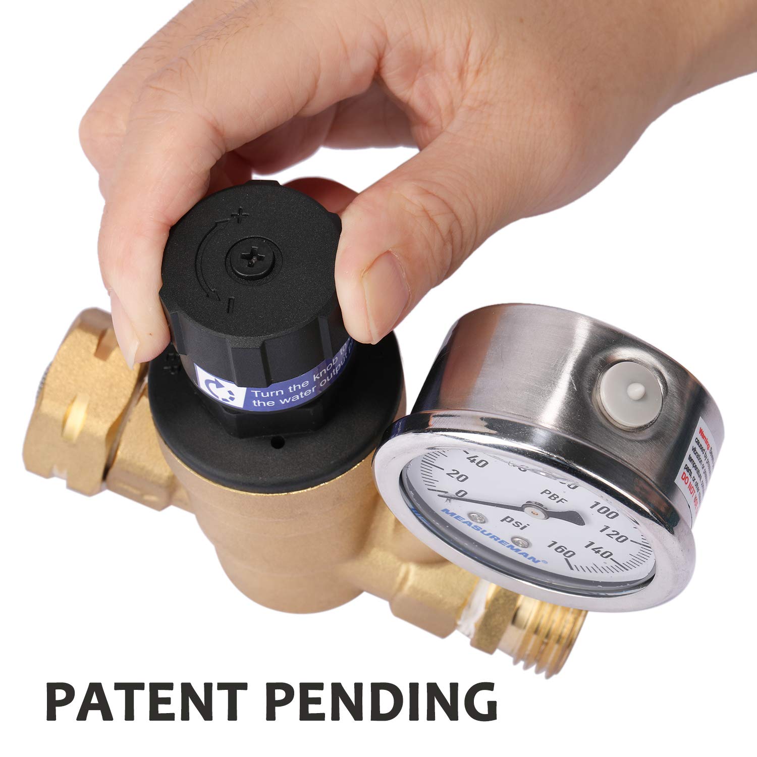 Measureman Handle Adjustable Brass Lead-Free Rv Pressure Regulator, Pressure Reducer With Liquid Filled Pressure Gauge 160Psi An
