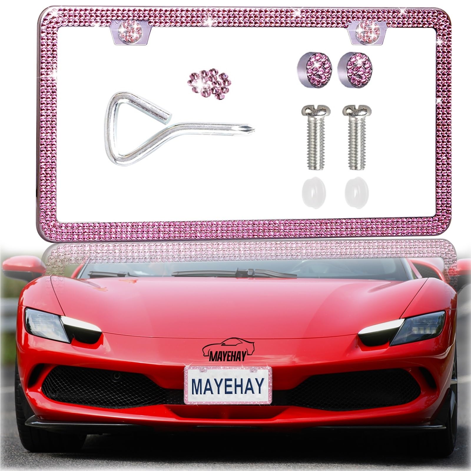 Pink License Plate Frame 1 Pack Bling Rhinstone License Plate Frames For Women Sparkle License Plate Cover Diamond License Plate