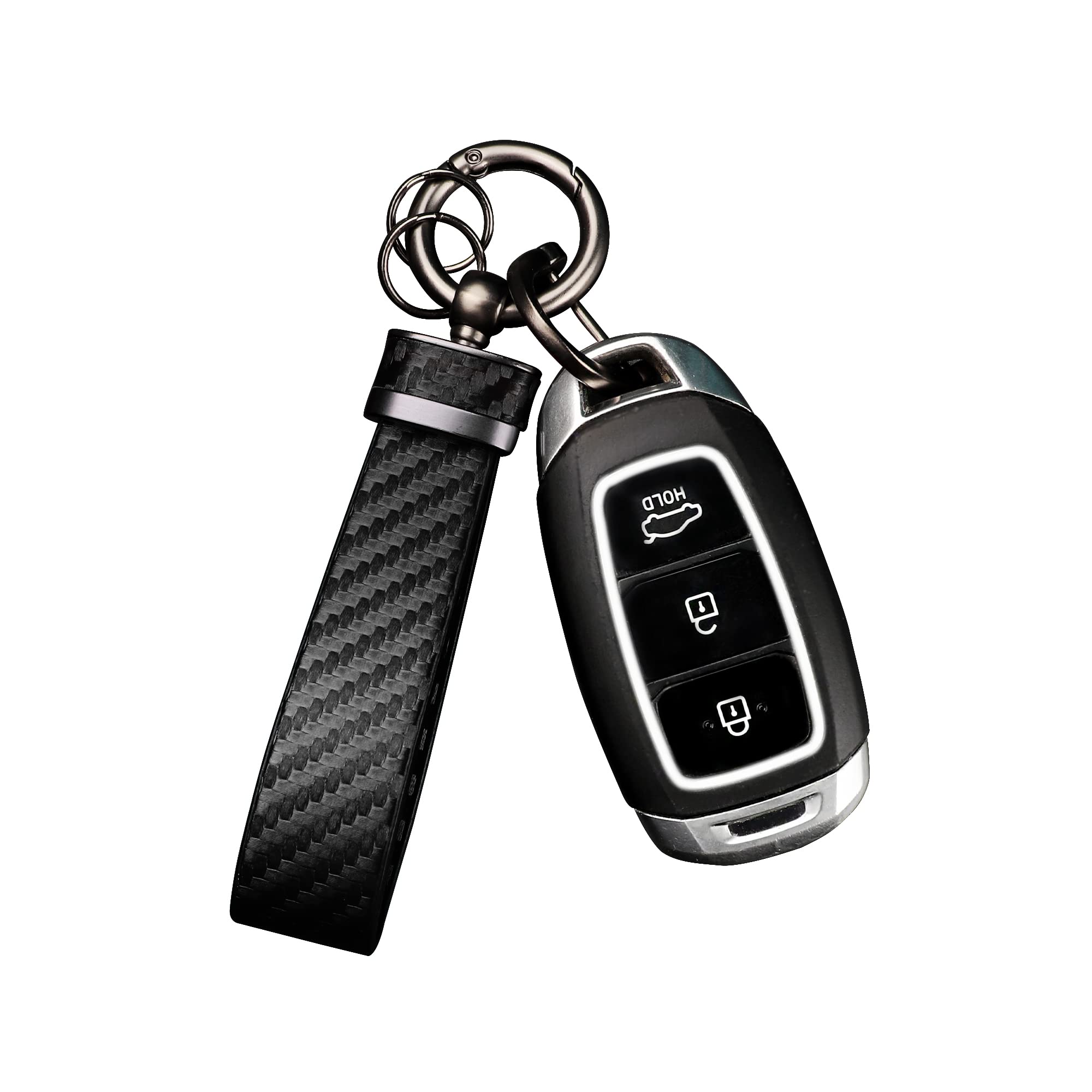 Turcee Leather Car Keychain - Carbon Fiber Interior Key Fob With Anti-Lost D-Ring - Car Accessory Key Ring (Black)