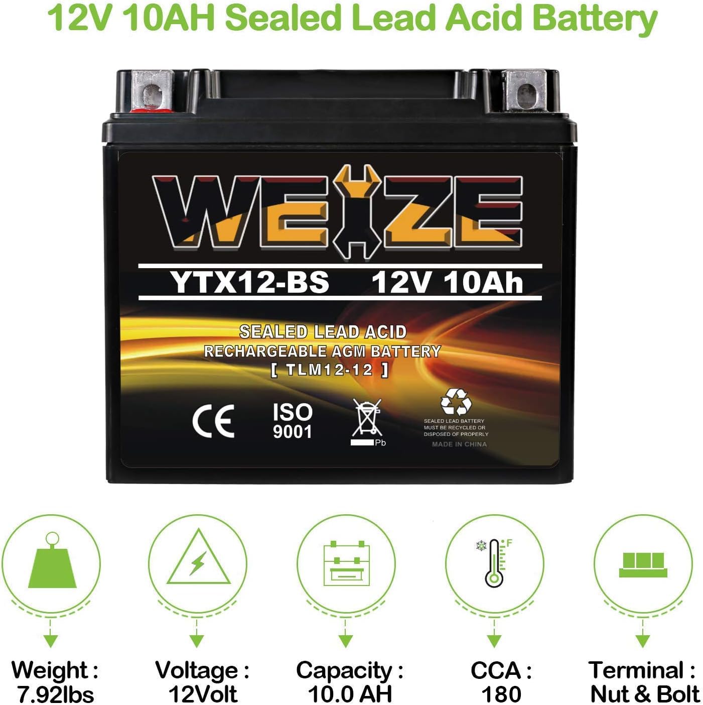 Weize YTX12-BS Motorcycle Battery High Performance - Maintenance Free - Sealed YTX12 BS AGM Rechargeable ATV Batteries compatibl