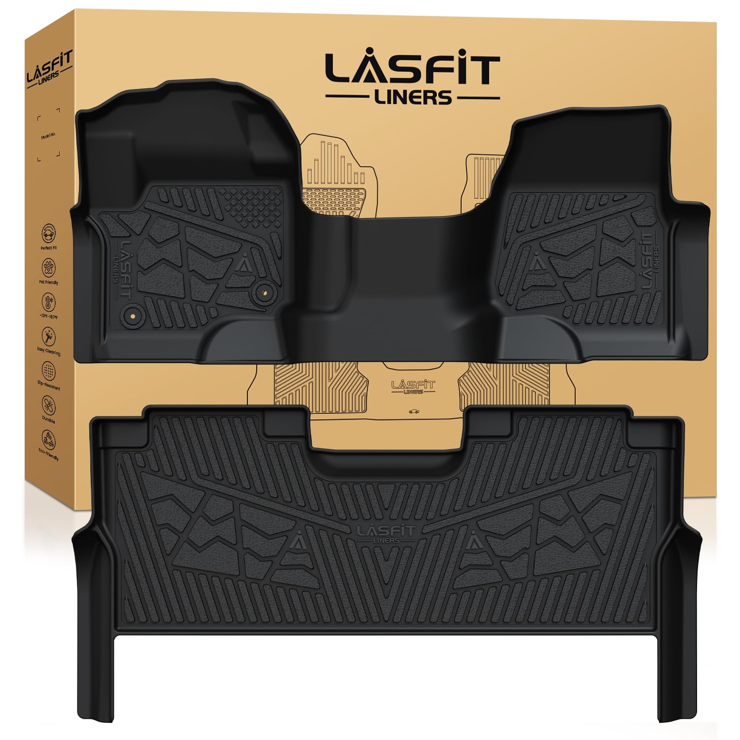 LASFIT Floor Mats for Ford F250 F350 F450 2017-2025 Crew Cab Front Bench Seat | Rear W/Fold-Flat Storage Carpet Floor Super Duty