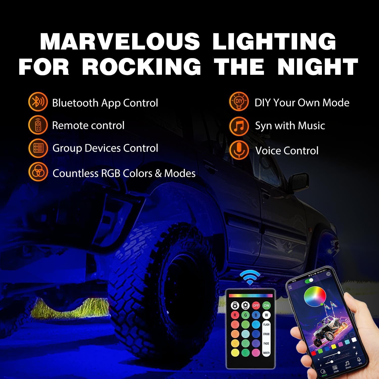 Nilight Rgb Led Rock Lights Kit 12 Pcs 18Led Wide Angle Wheel Well Light With Remote & Bluetooth App Dual Control Multi Modes Un