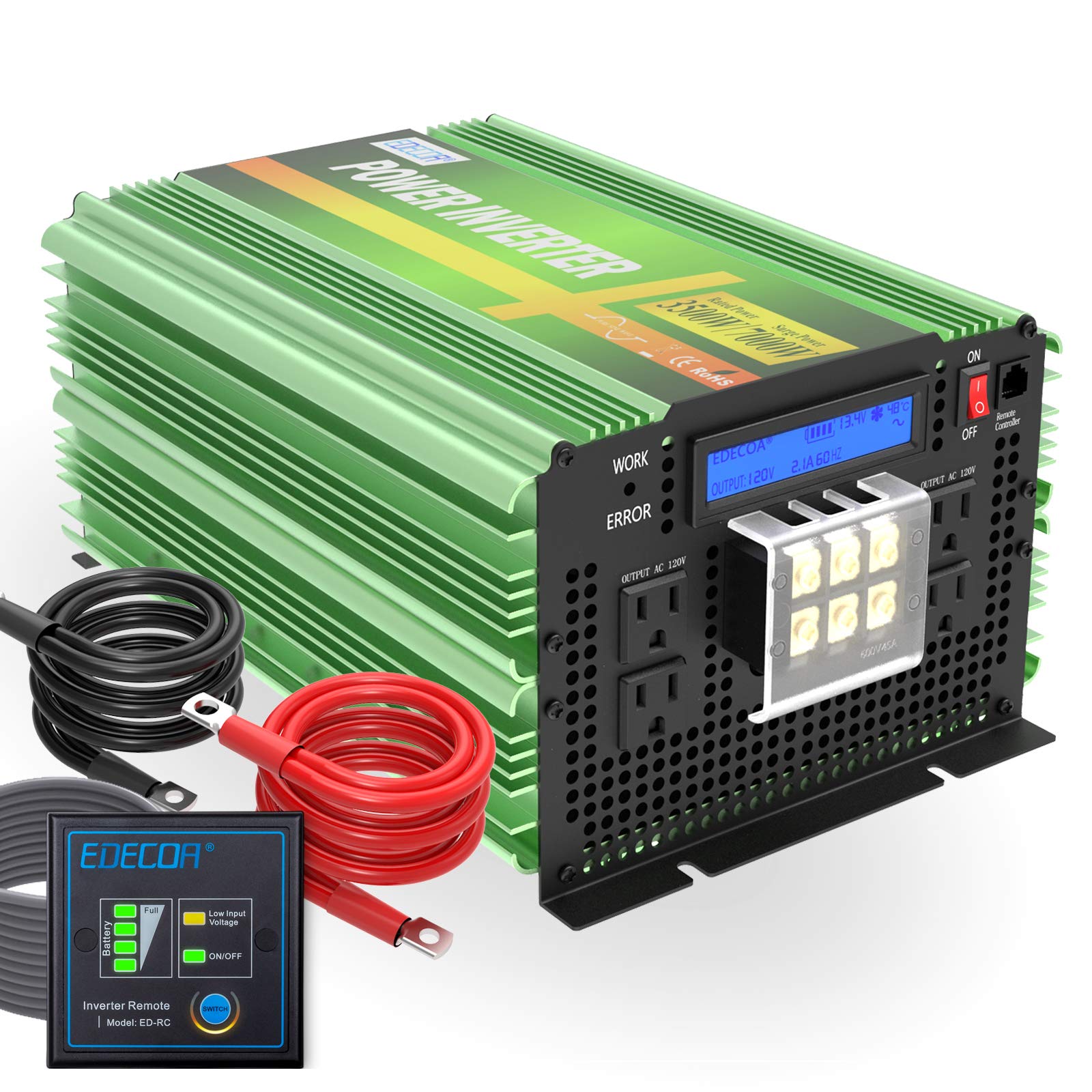 EDECOA Pure Sine Wave Power Inverter 3500W DC 12V to AC 120V with LCD Display and Remote Controller 4 AC Outlets and 1 AC Termin