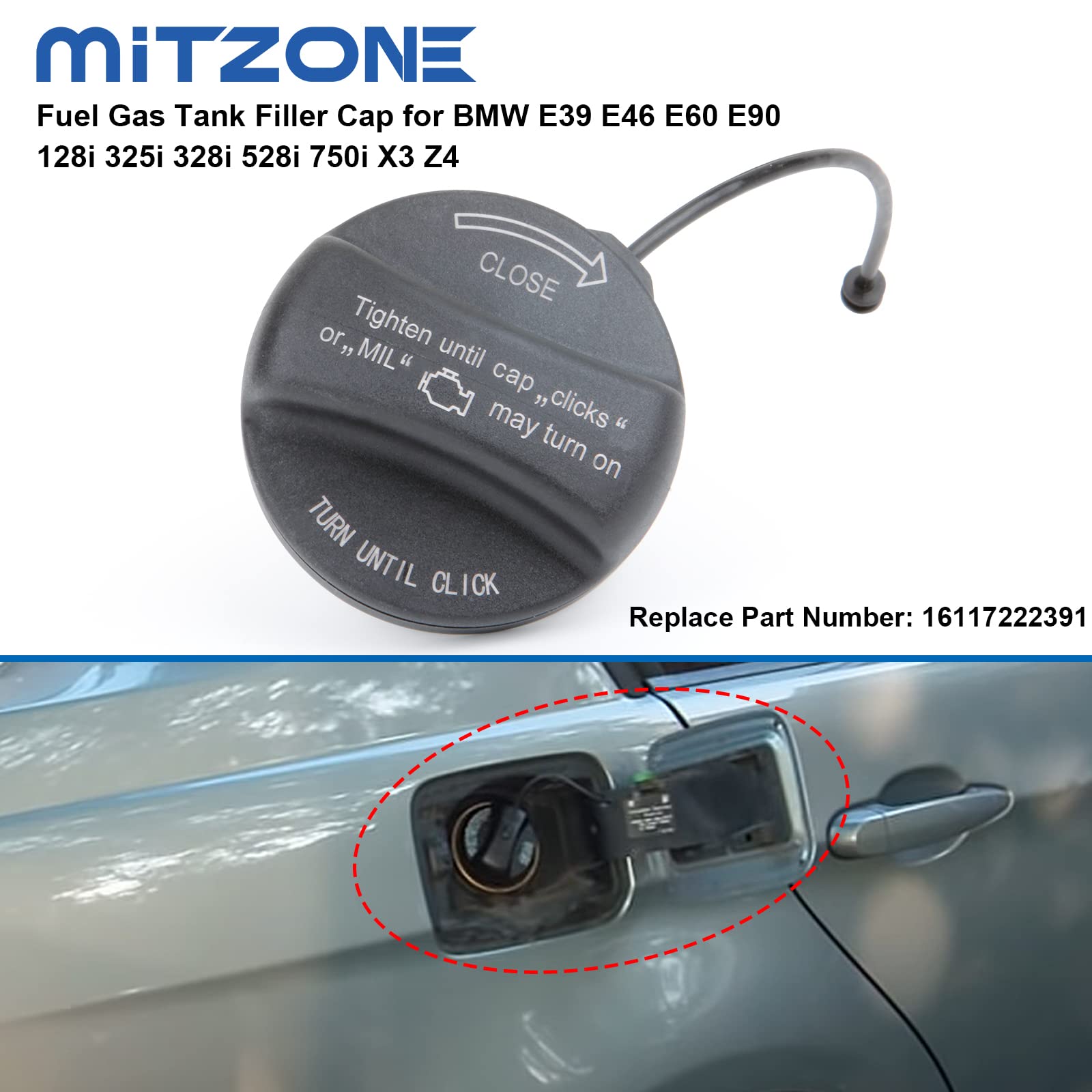 MITZONE Fuel Tank Gas Cap Compatible with Mini Cooper BMW 320i 325i 328i 328xi 525i 528i 528xi 535i X5 X6 X3 X1 and Most BMW Veh
