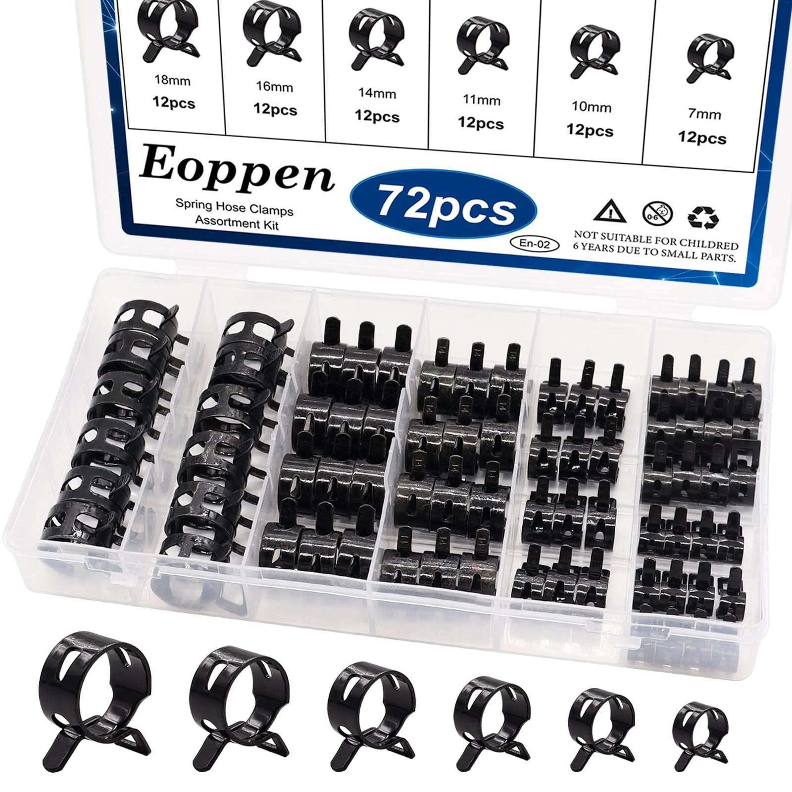 Eoppen 72Pcs Spring Hose Clamps Fuel Line Silicone Vacuum Hose Low Pressure Air Clamps & Sleeving Automotive Replacement Fastene