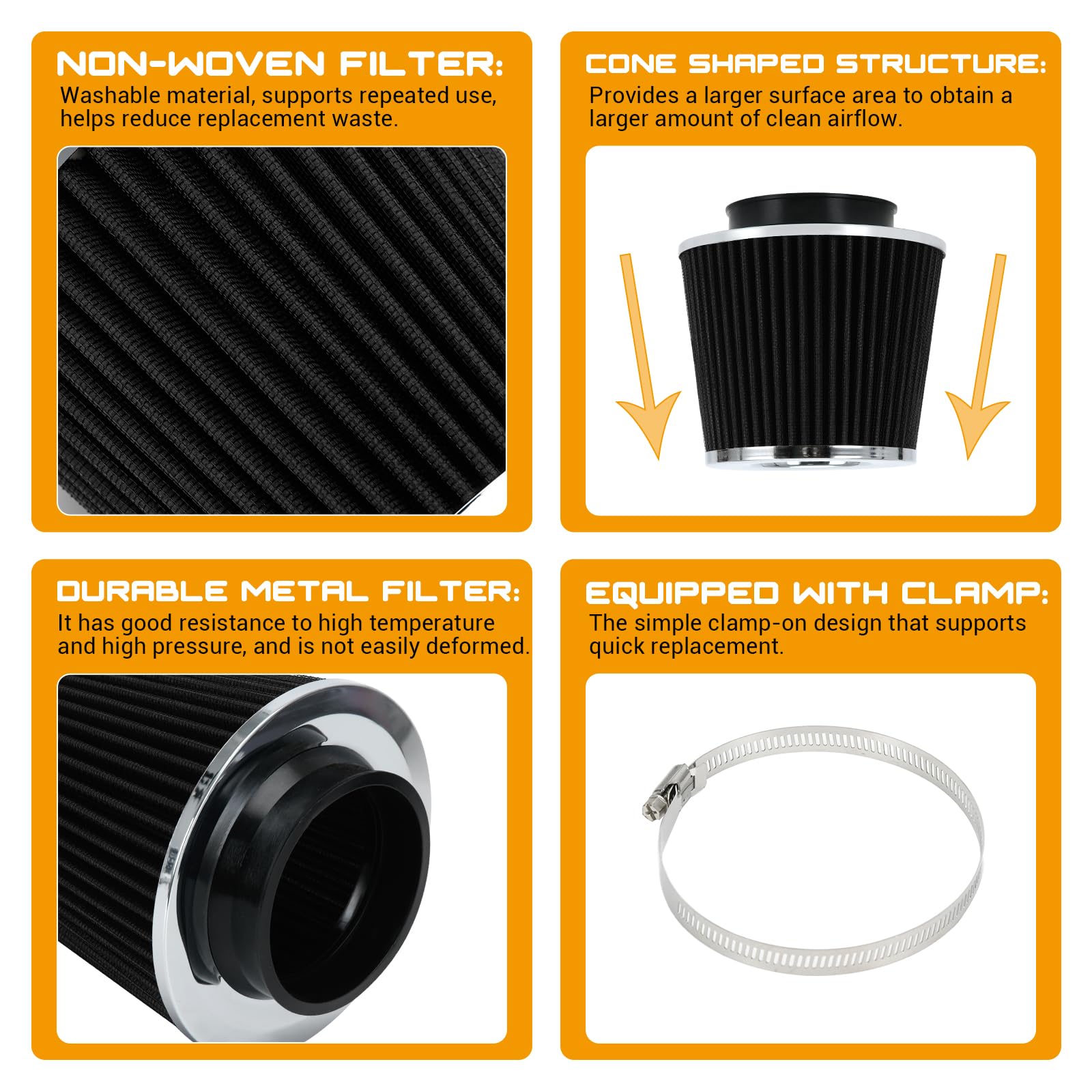 Ptnhz Universal Black 3.5'' 89Mm High Flow Cold Air Intake Cone Air Filter Power Intake Air Inlet System Air Cleaner
