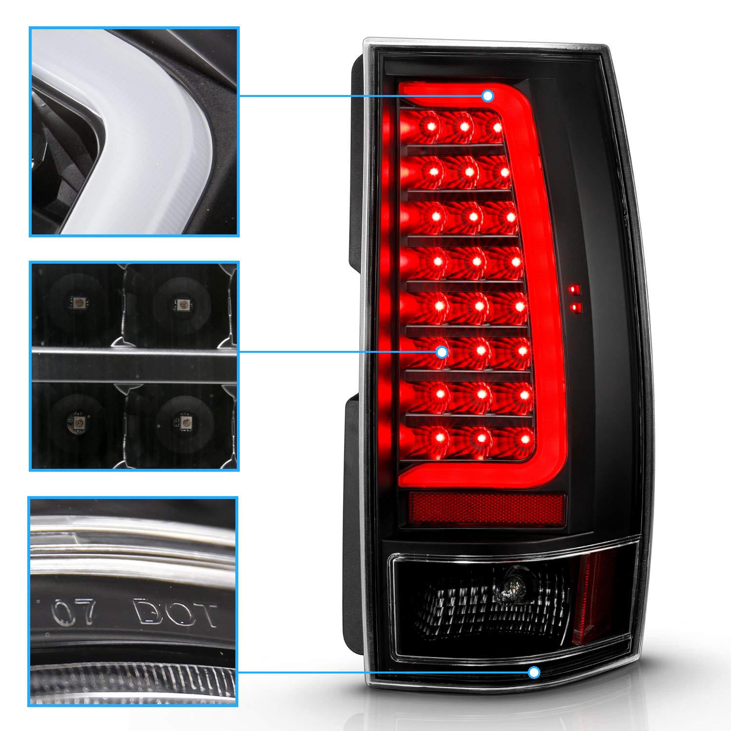 AmeriLite LED Tube Tail Lights Set for 2007-2014 Chevy Tahoe/Suburban & GMC Yukon XL Denali - Clear Black - Driver & Passenger Side