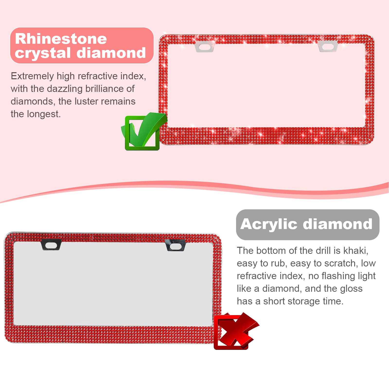 Quanqiufei 2 Pack Bling License Plate Frames For Women, Sparkly Rhinestone Diamond Car Accessories With Glitter Crystal Caps (Re