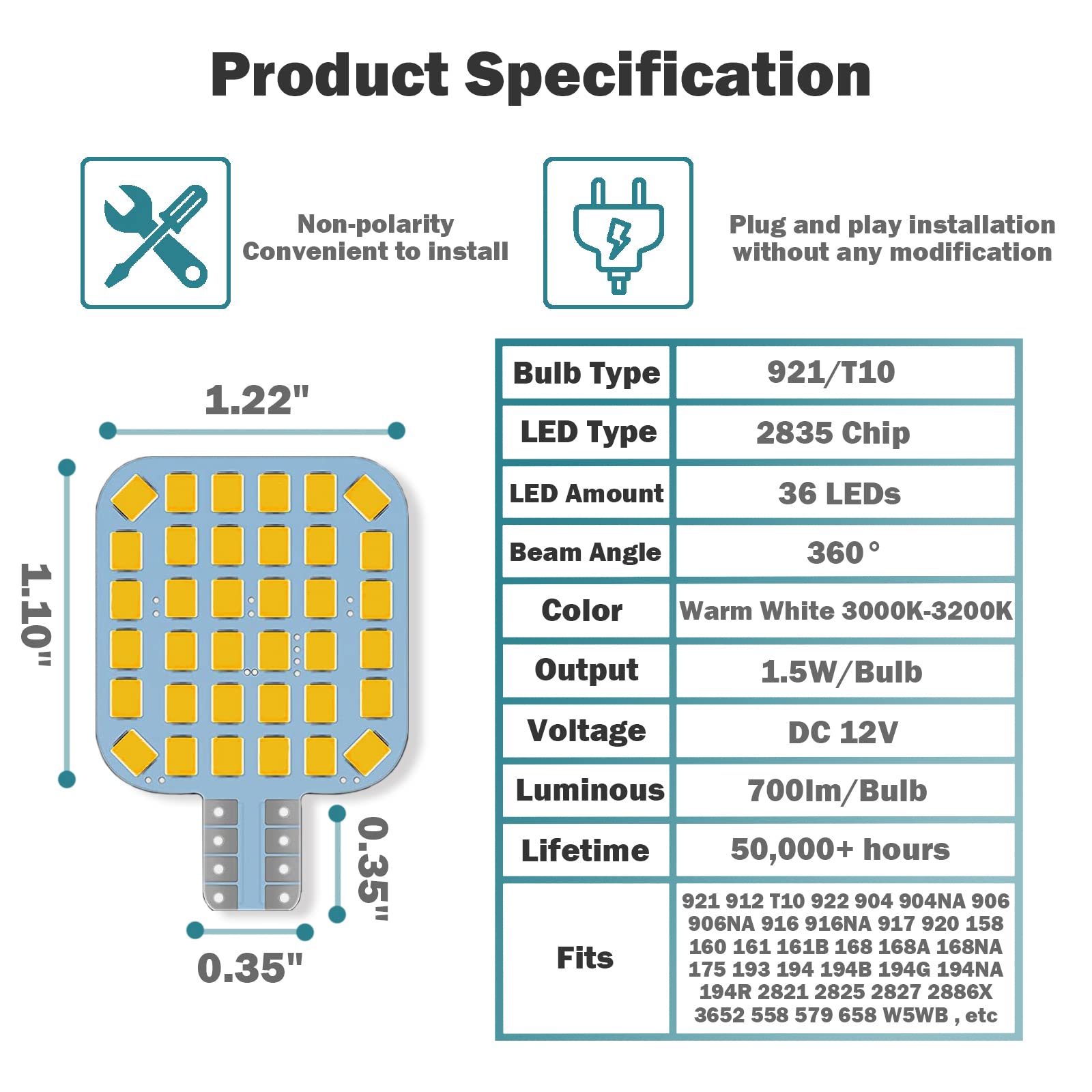 20Pcs T10 921 922 912 194 Rv Interior Led Light Bulbs, Super Bright Led Bulbs Replacement Lighting 36-Smd 2835 3200K Warm White For 12V Rv Camper Trailer Motorhome Boat Dome Car Marine Indoor Light