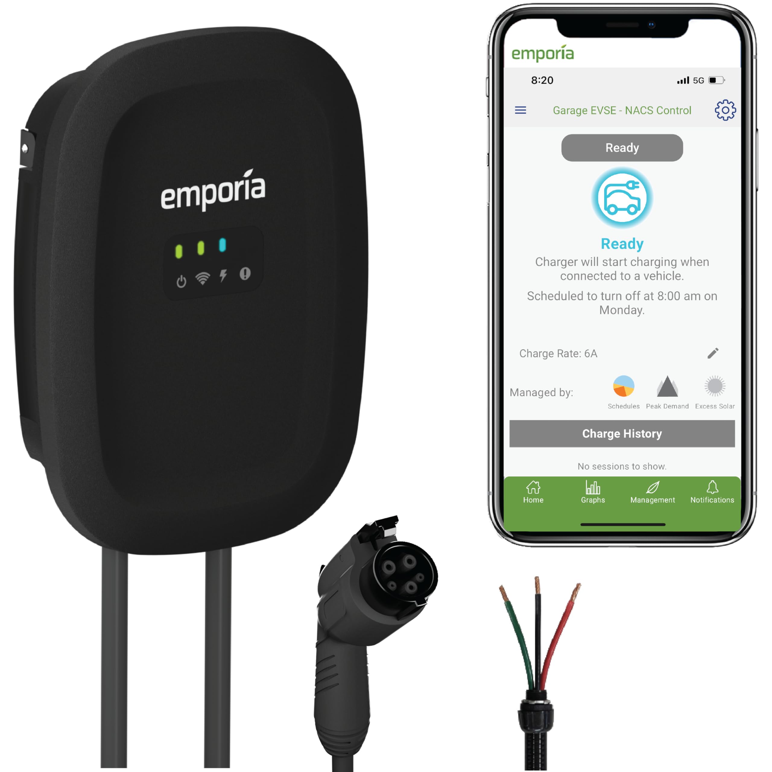 Emporia Level 2 Ev Charger W/ J1772 Charger, 48 Amp, Preconfigured For Hardwired Install With Whip, Ul/Energy Star Wifi Enabled