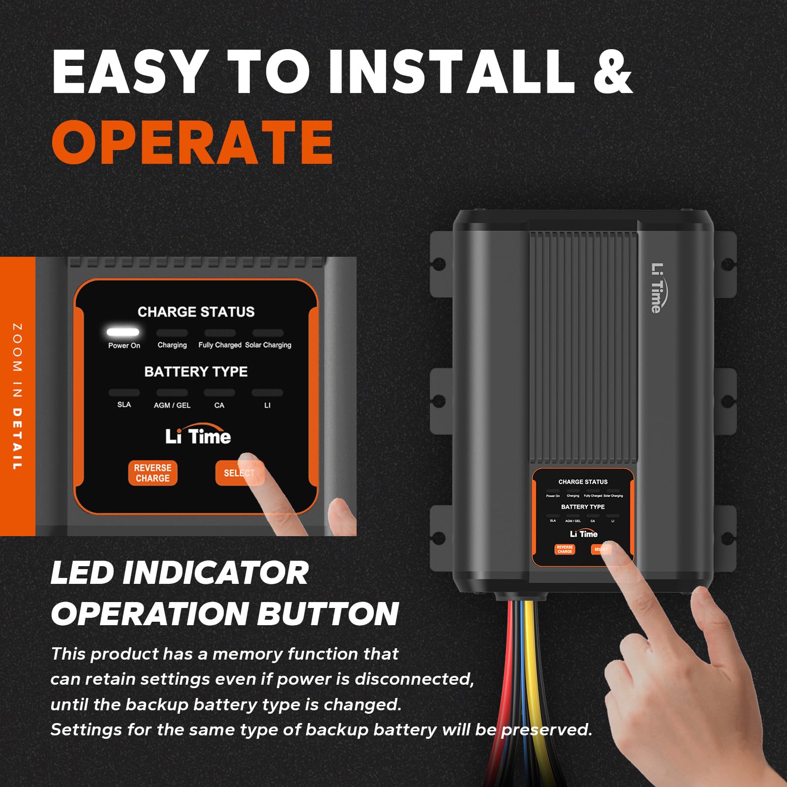 LiTime 12V 40A DC-DC Dual Input Battery Charger with MPPT fit for 12V LiFePO4, Lead-Acid, SLA, Gel, AGM, Calcium Battery, Charge