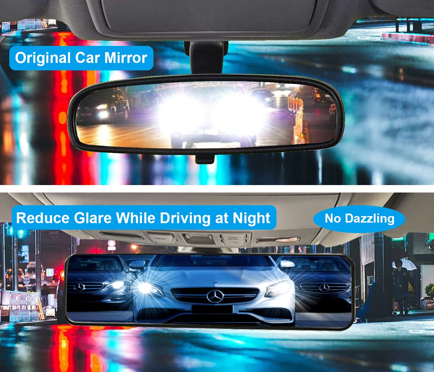 Kitbest Rear View Mirror, Universal 11.4 Inch Interior Clip On Rearview Mirror, Anti Glare Blue Tint Wide Angle Mirror - Panoram