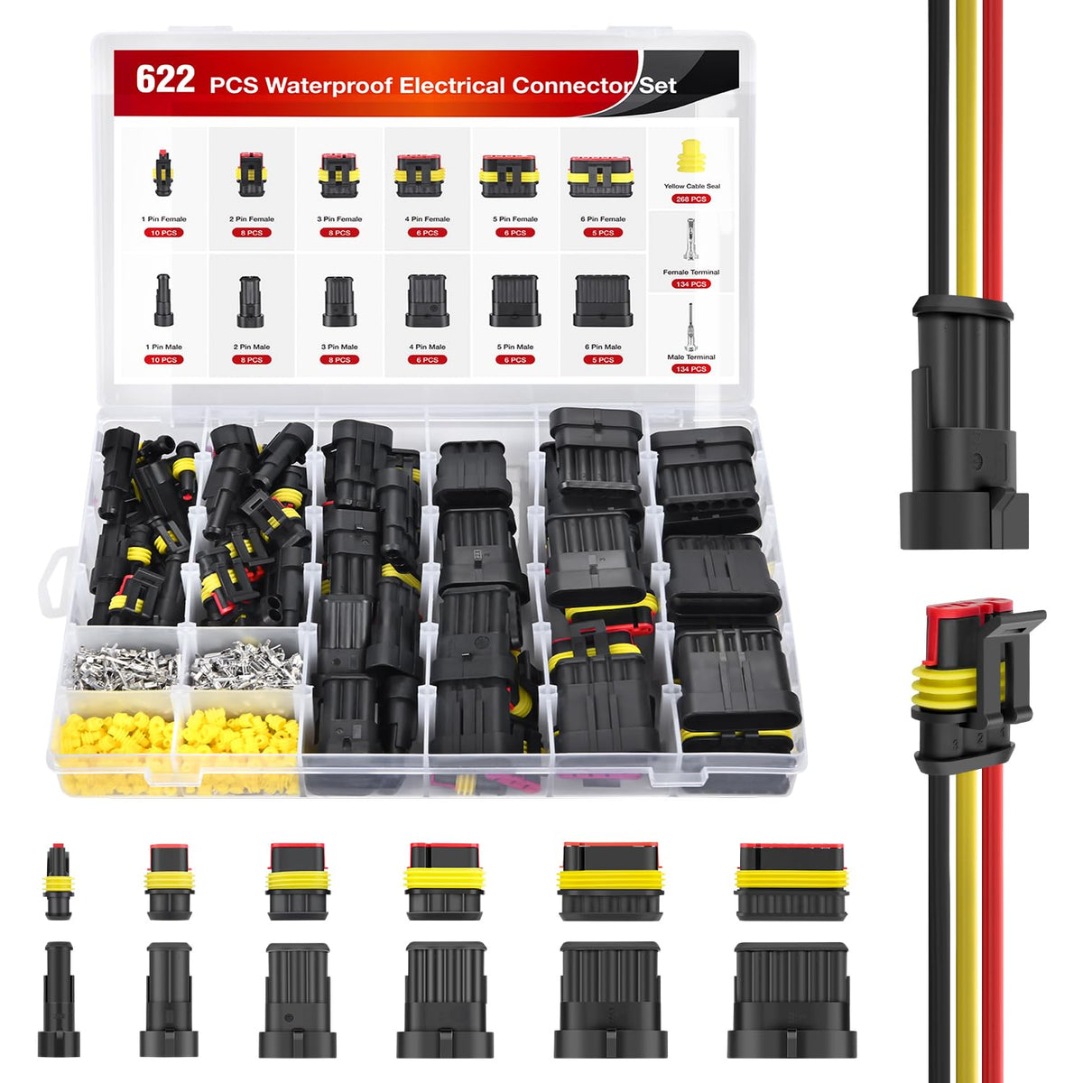 Nilight 622Pcs 1 2 3 4 5 6 Pin Electrical Connector Plug Male Female Terminal Wire Connectors Waterproof Quick Connect Set For C