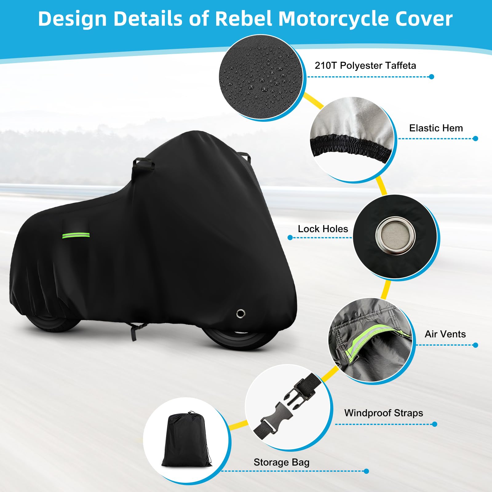 Motorcycle Cover Waterproof for Honda Rebel 300 500 1100, Heavy Duty Outdoor Sun Rain Snow UV Dust All Weather Protection Motorb