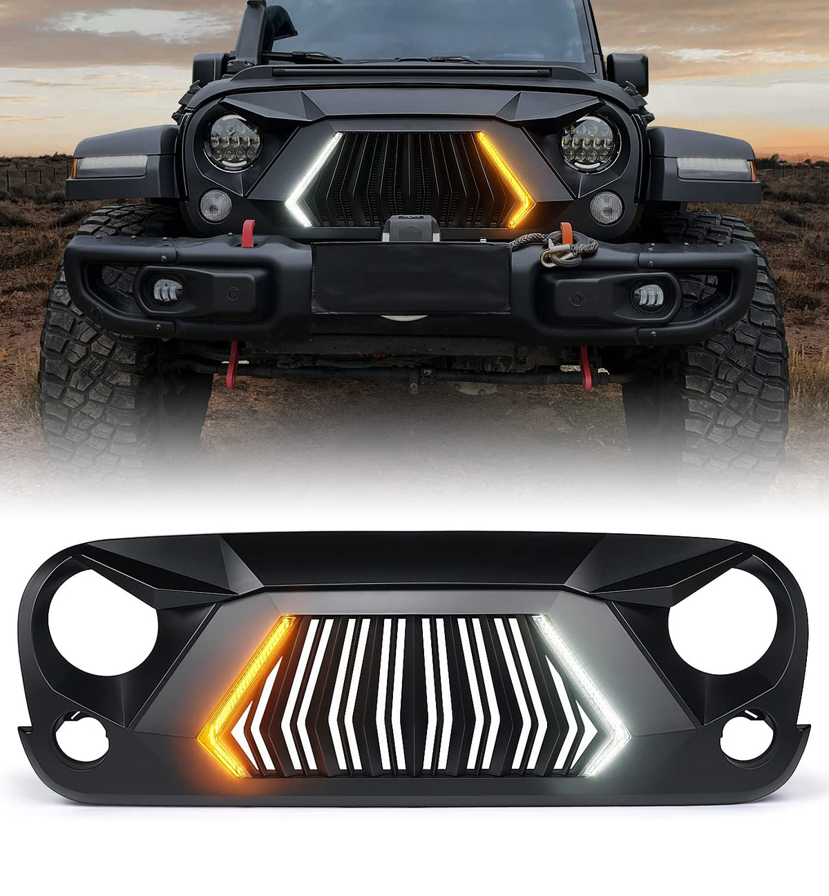 Xprite Front Grill Compatible With 2007-2018 Jeep Wrangler Jk Jku, Unique Patented Design Grille W/Running And Turn Signals Ligh
