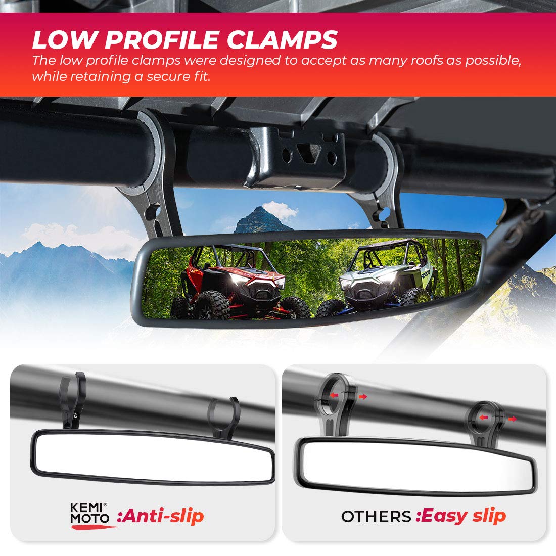 Kemimoto Utv Rearview Mirror, 15 Utv Race Convex Center Mirror With 3/4 1.75 Or 2 Clamps Compatible With Polaris Rzr Pro Xp R, Pioneer, Cfmoto Zforce, Can-Am Commander Maverick, 1000R 1000X