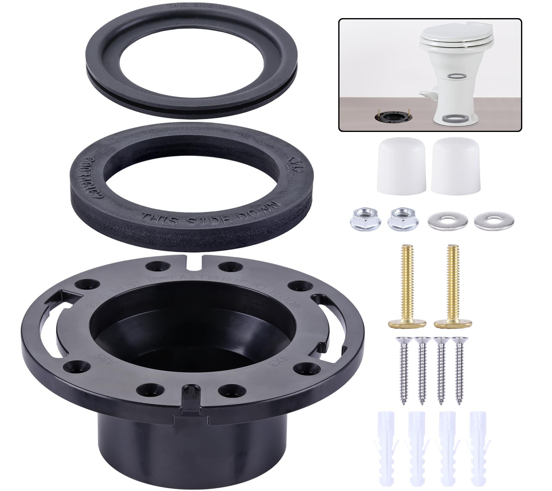 Boeemi Rv Toilet Seal And Rv Toilet Flange Kit, Designed For Rv 300/310/320 Toilets, Replaces 385345892 Rv Floor Flange And 385311658 Flush Seal And 385311652 Base Seal, 3 In 1 Combo Kit - Black
