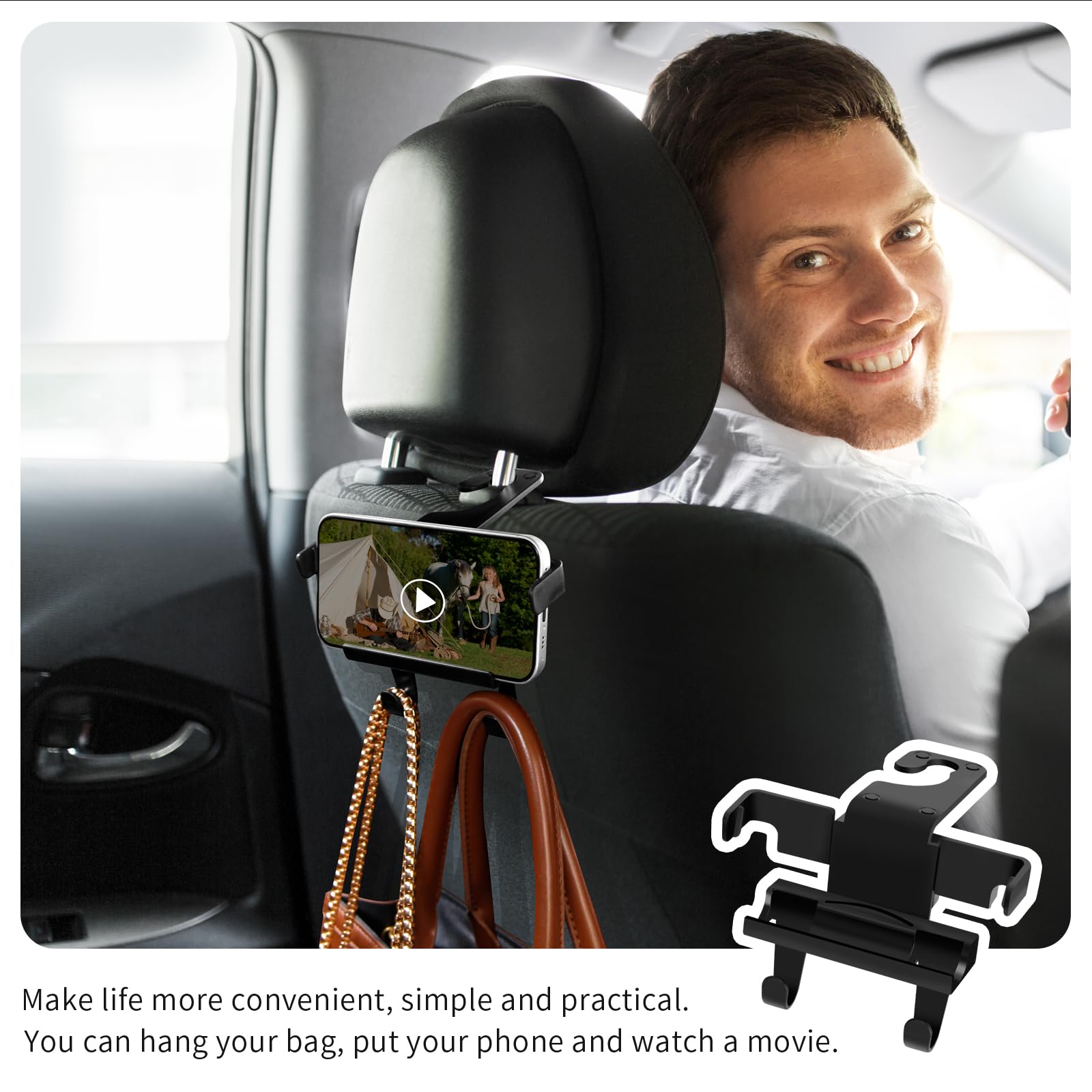 SunlightXS Upgraded Car Headrest Hidden Hook 2 in 1 Car Seat Hooks with Phone Holder for Purse, Hangers Vehicle Organizer ,Durab