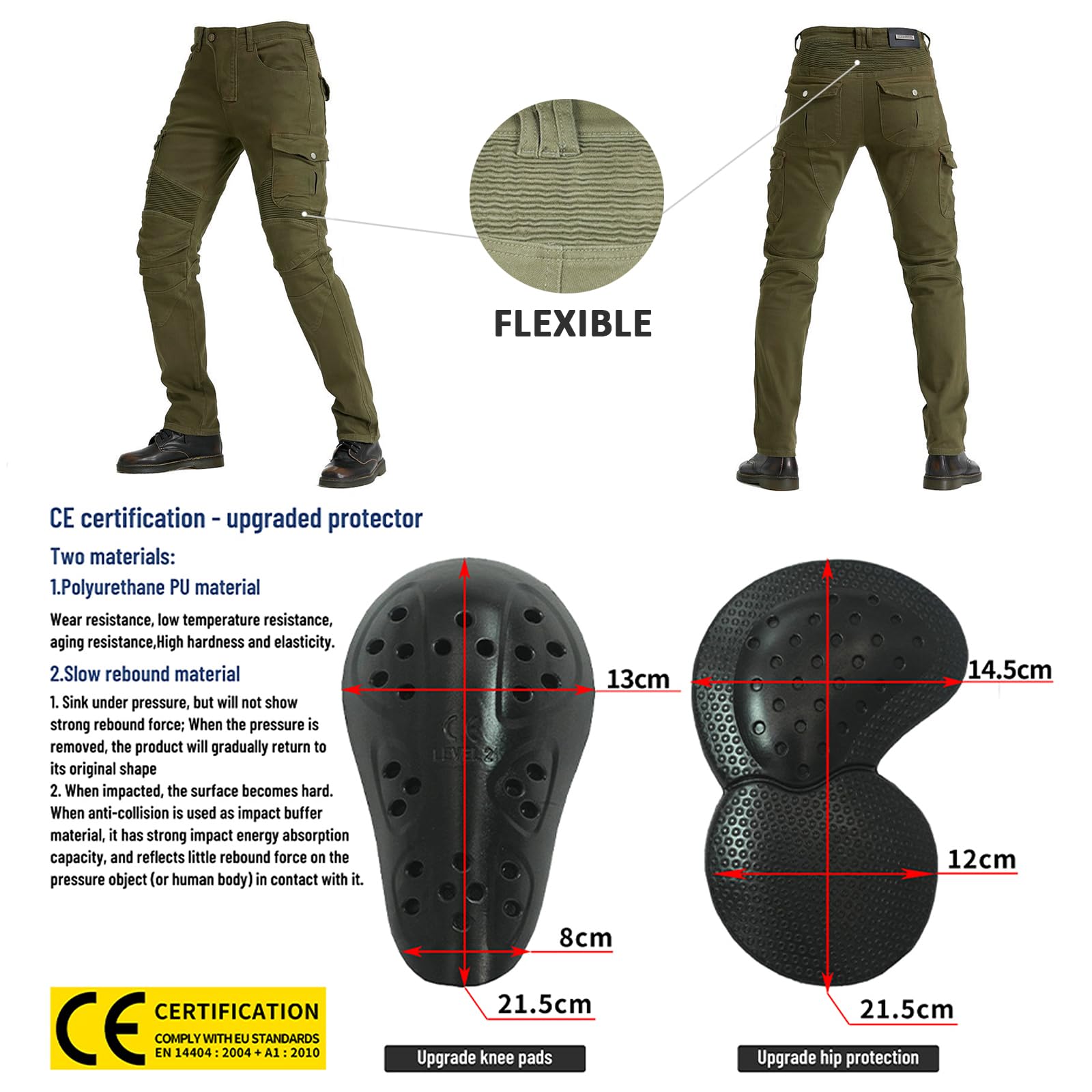 LOMENG Motorcycle Pants Motorbike Riding Denim Jeans Biker Motocross Pants with CE Removable Armored for Men Green 2XL