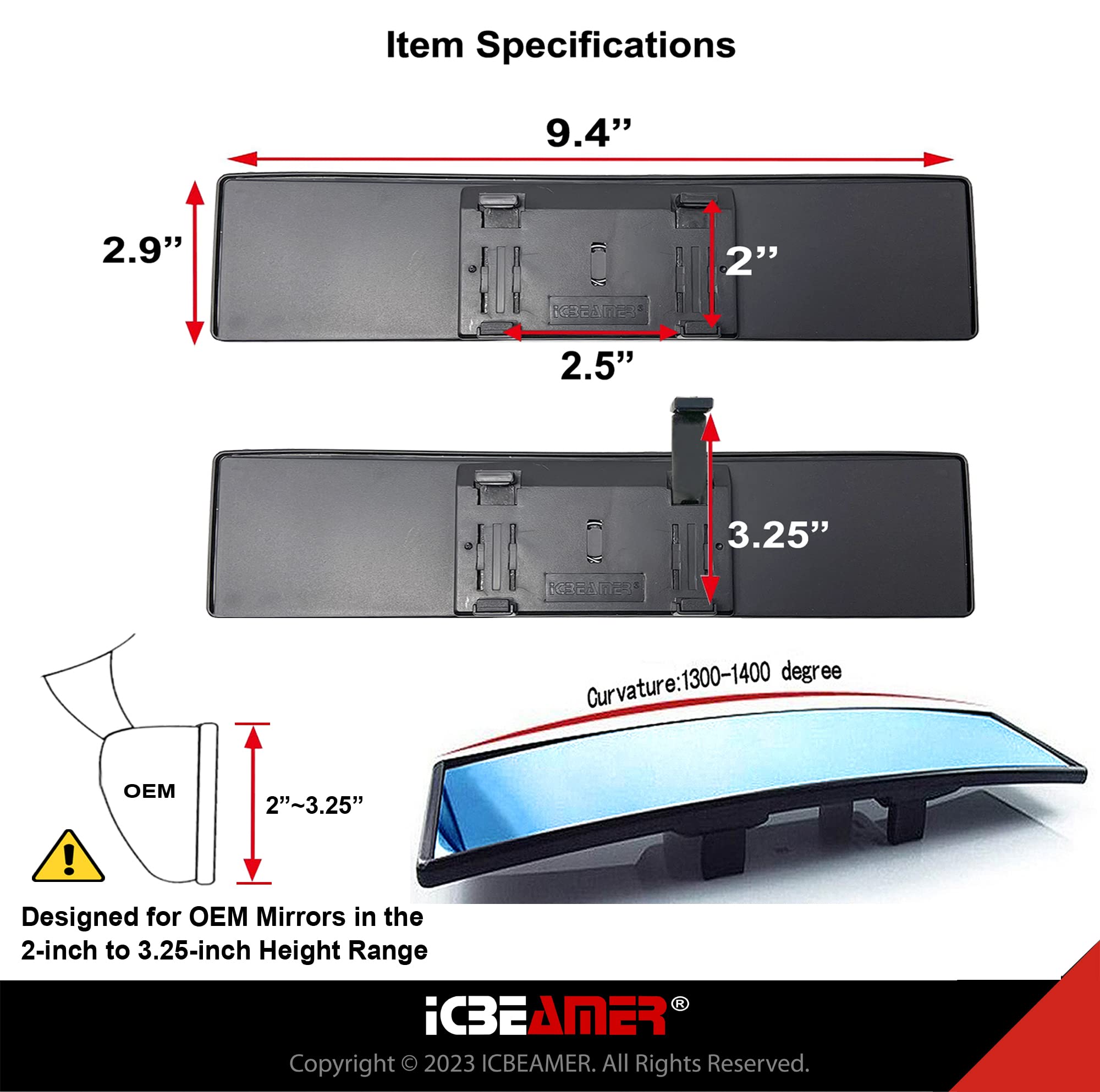 Icbeamer 9.5'' Car Rear View Mirror, Clear Blue Tint Convex Surface, 240Mm Panoramic Wide Angle Blindspot Mirror For Car,Rubber
