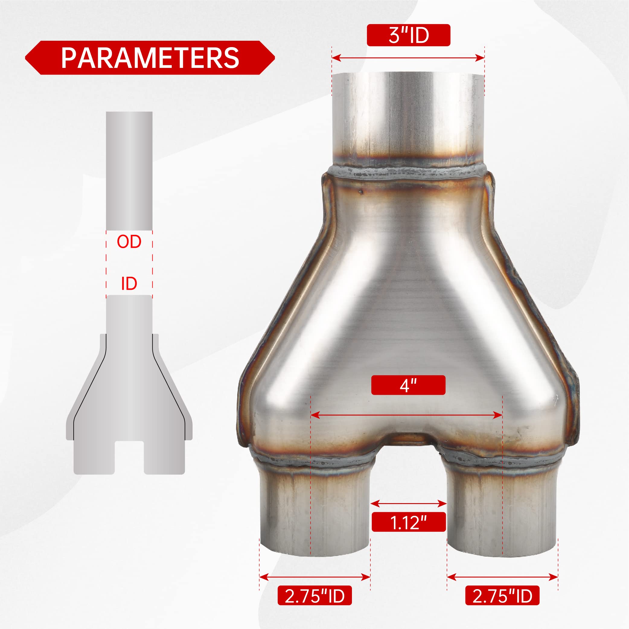 Fgjqefg T409 Stainless Steel Y Pipe 3'' Inch Id Single To 2.75'' Inch Id Dual Stamped Exhaust Adapter Connector, Overall Length: Approx. 10, Universal