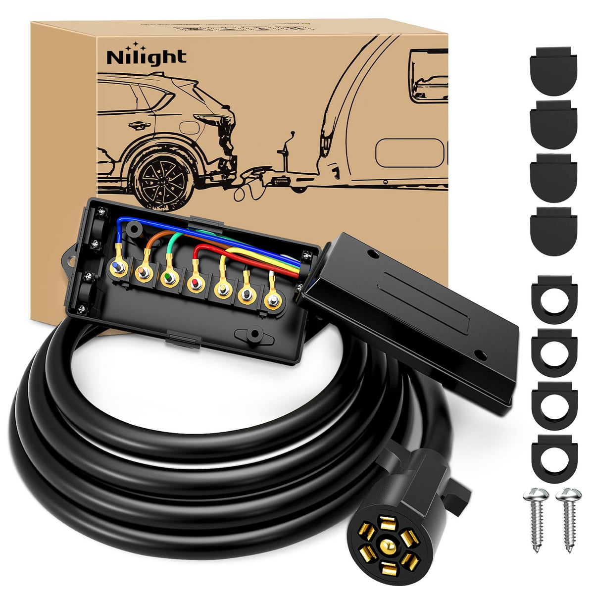 Nilight Heavy Duty 7 Way Inline Trailer Plug With 7 Gang Junction Box - 8 Feet, Trailer Connector Cable Wiring Harness With Weat