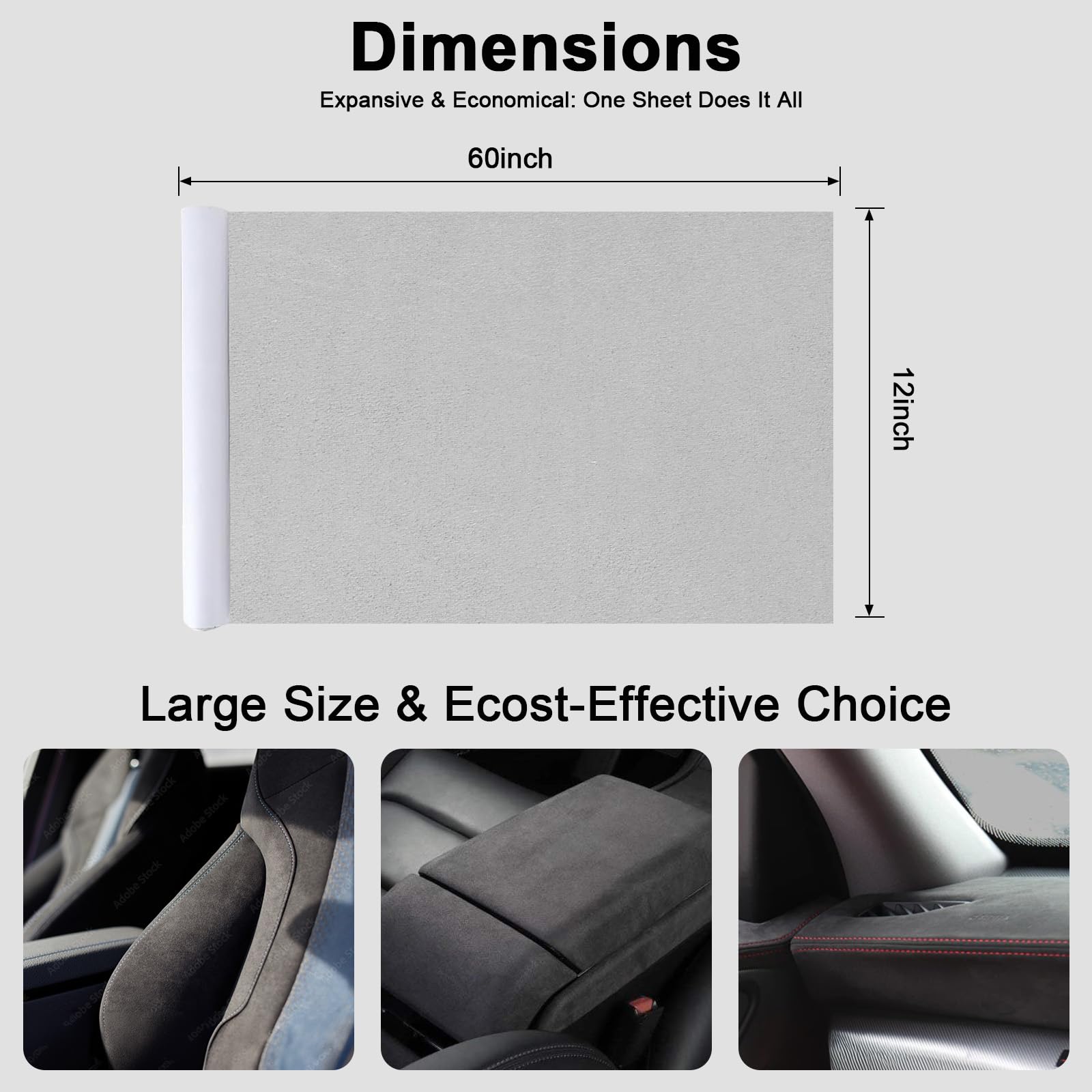 RadiantDecor Premium Light Grey Suede Fabric Wrap - 12x60 inch Suede Wrap for Car Interior - Self-Adhesive Microfiber and Synthe
