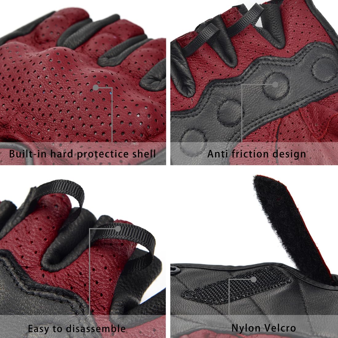 Harssidanzar Men's Motorcycle Gloves Leather Perforated Motorbike Riding Driving Gloves CM044US, Oxblood/Black, Size Small