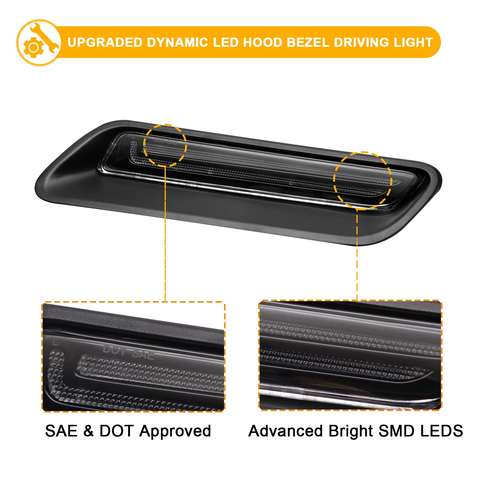 R&F Auto Clear Lens Sequential Led Hood Vent Lights Compatible With Ram 1500 (2010-2018) / Ram 1500 Classic (2019-2022) Hood Scoop Lamp Dynamic Indicator Turn Signal Light Hood Bezel Driving Light