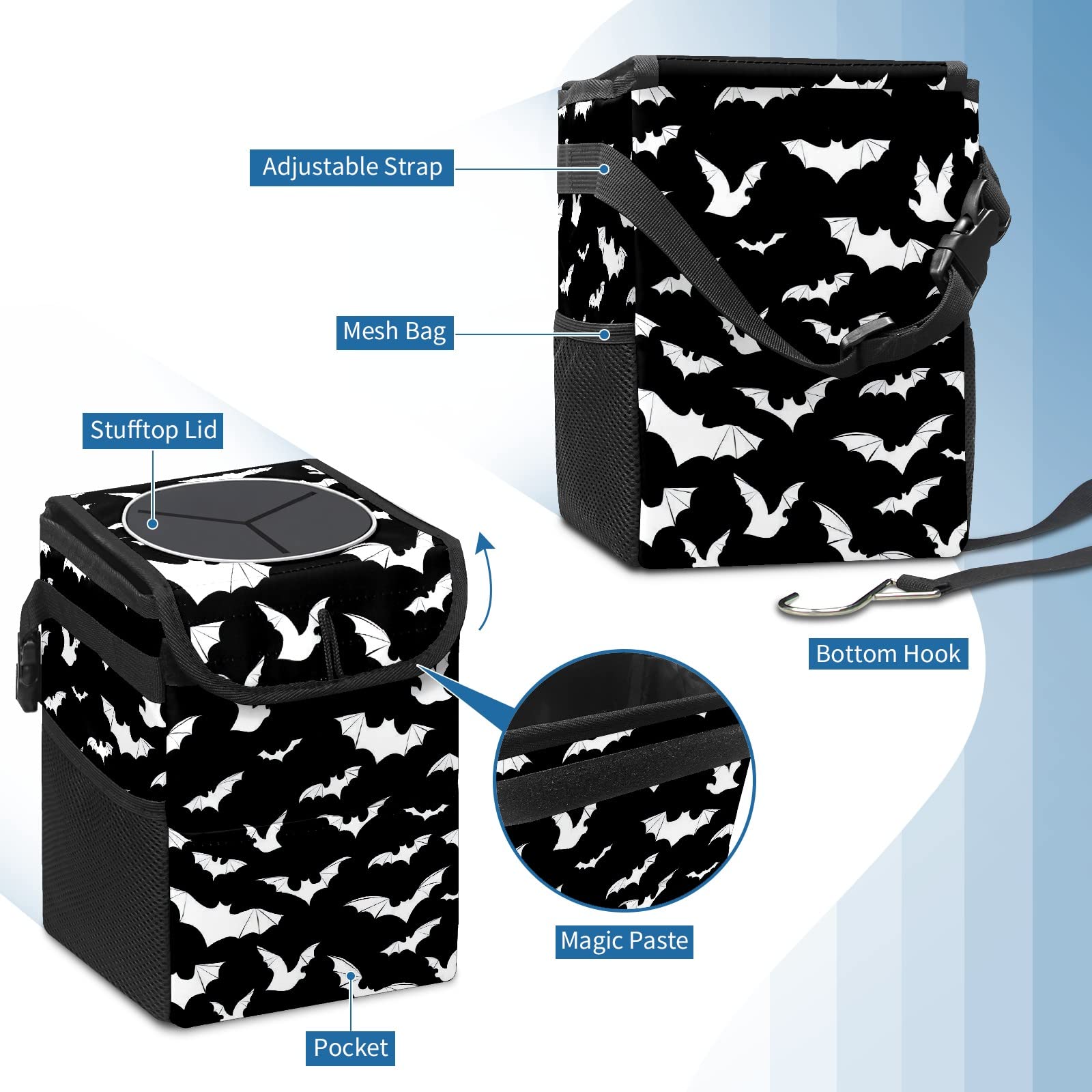 Black And White Goth Bats Car Trash Can With Lid Collapsible Reusable Waterproof Car Garage Bag,Automotive Garbage Can,Car Acces