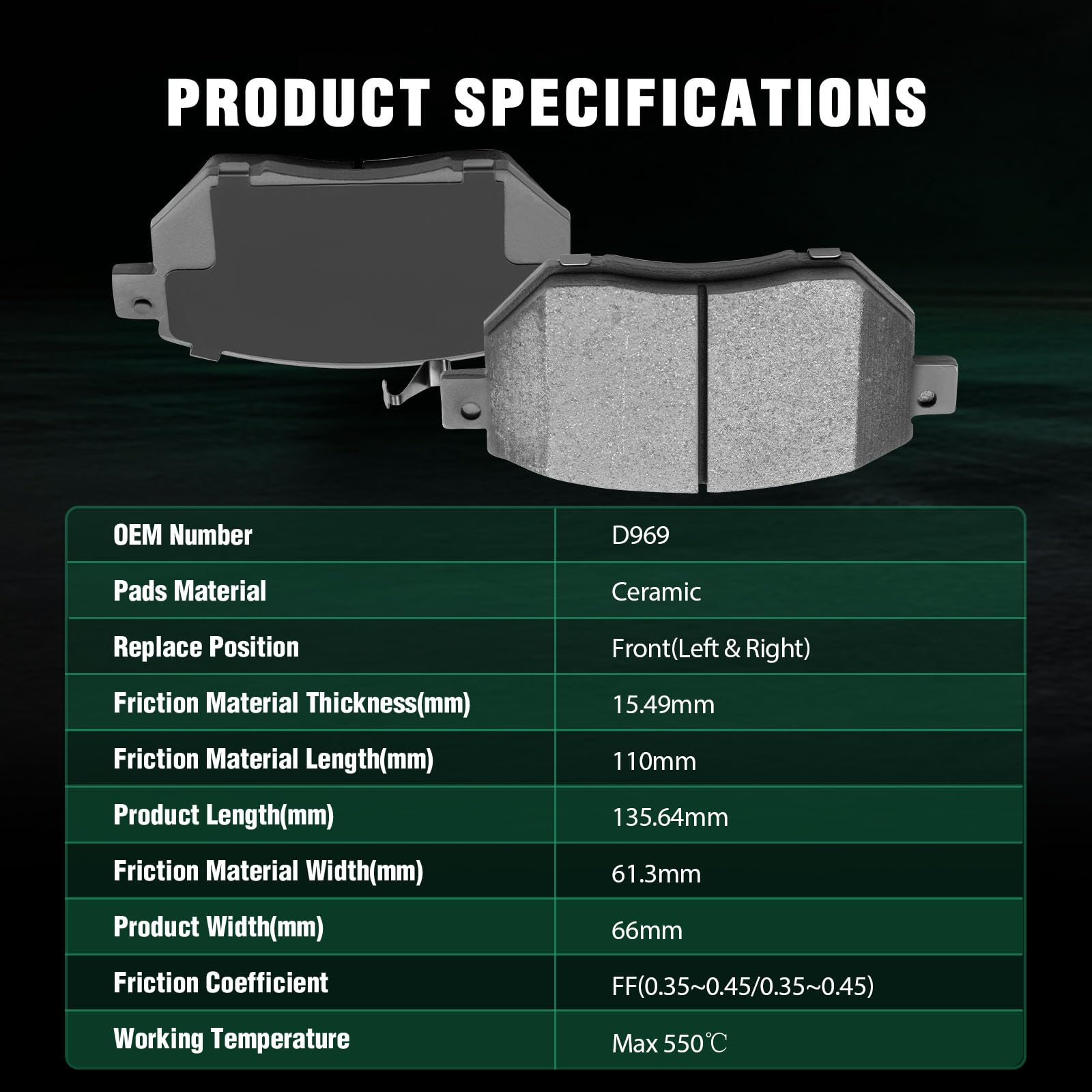 Automuto 4Pcs Front Ceramic Disc Brake Pads Set D969 - For Altima, Maxima, Murano 2003-2012