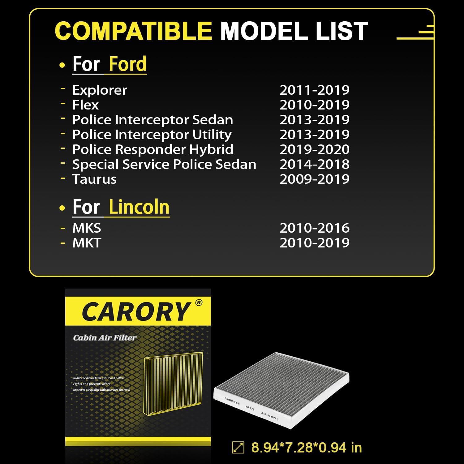 CARORY Cabin Air Filter w/Activated Carbon for Ford Explorer 2011-2019, Flex 2010-2019, Taurus 2009-2019, Police Responder Hybri