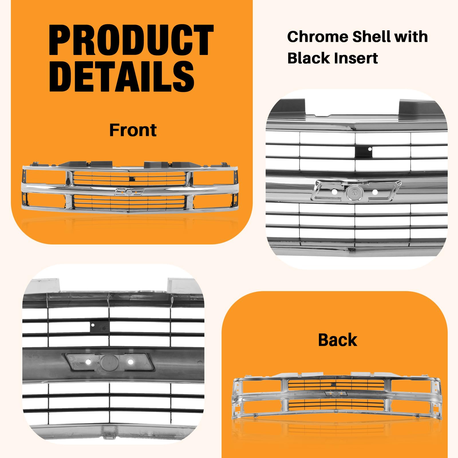 Carpartsdepot Front Grille Grill Chrome Shell With Black Insert Compatible With Chevrolet 1994-2000 C/K 1500 2500 3500 Tahoe Bla