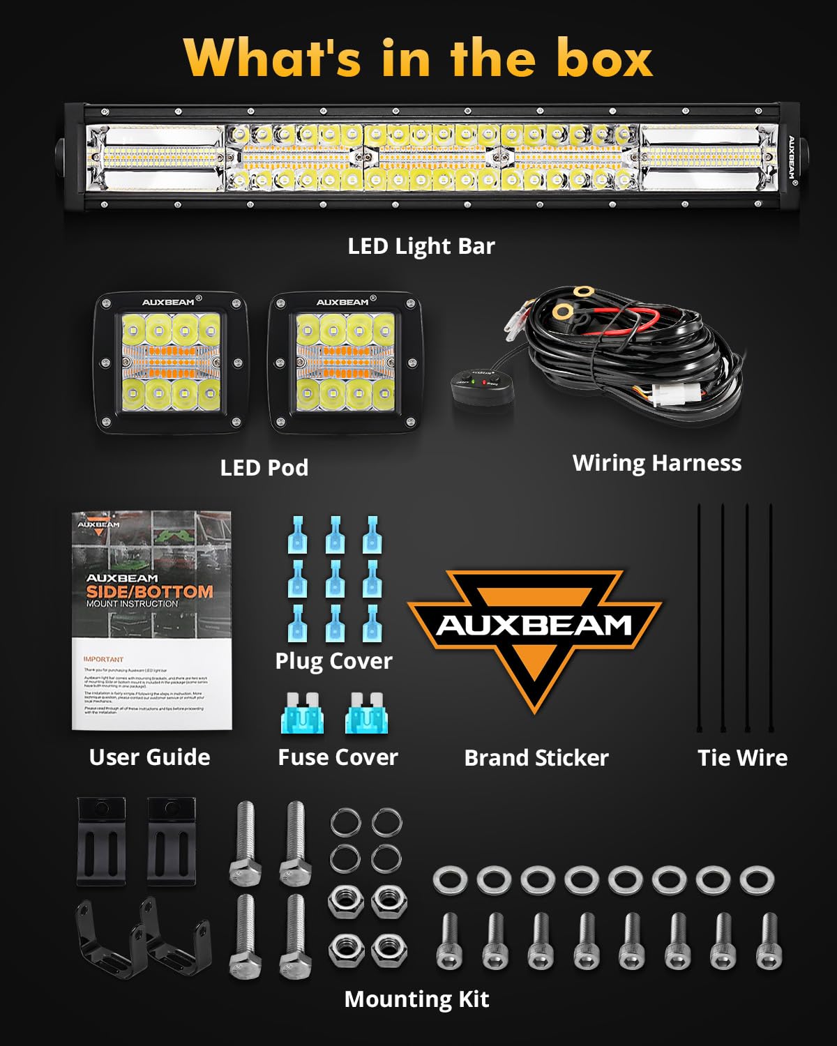 Auxbeam 6 Modes Amber White Series, 22'' Led Light Bar With 3'' Led Pods Combo Set, Dual Color Flashing Strobe Offroad Lights, S