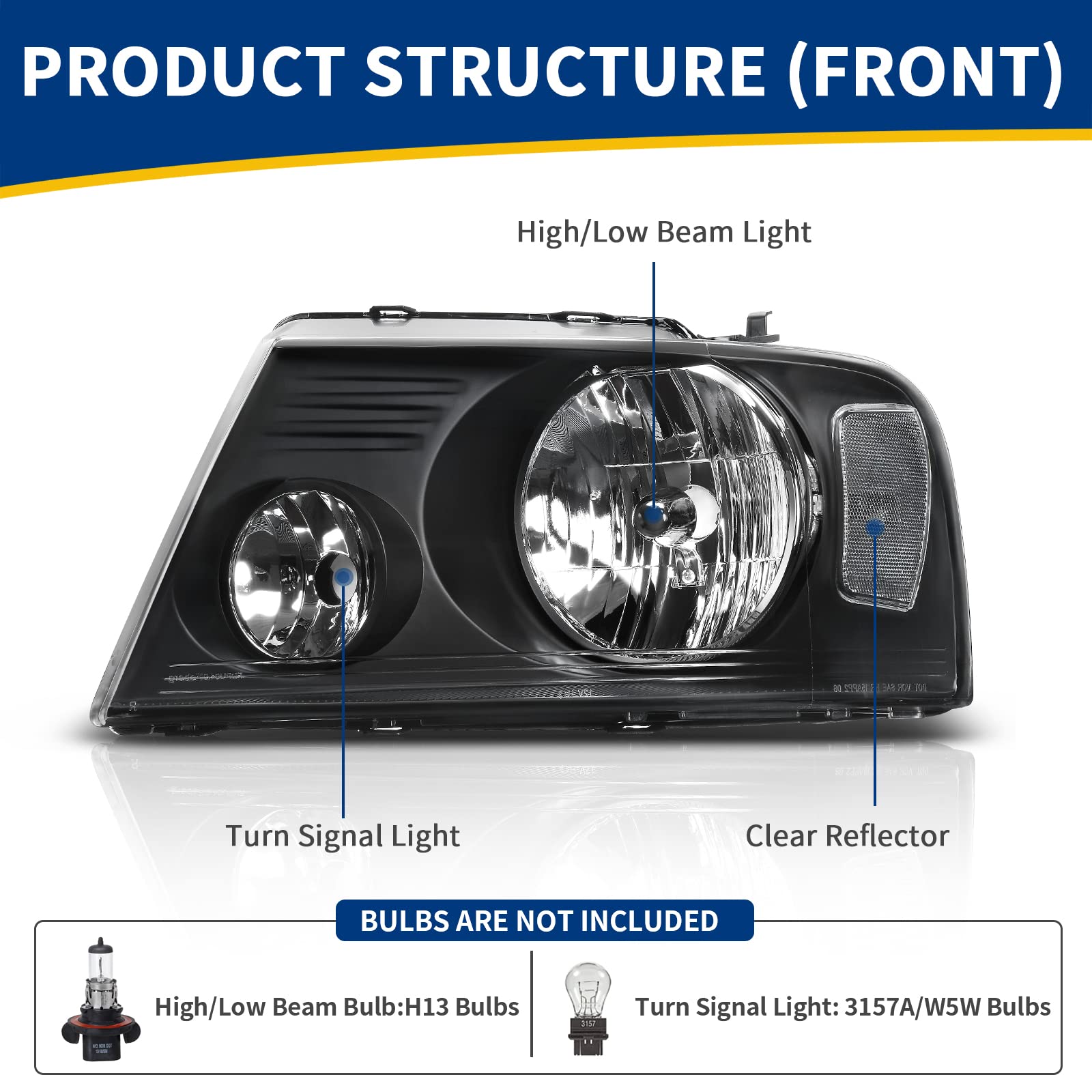 Autosaver88 Headlight Assembly Compatible With 2004 2005 2006 2007 2008 Ford F-150 Black Housing Clear Reflector Clear Lens Pass
