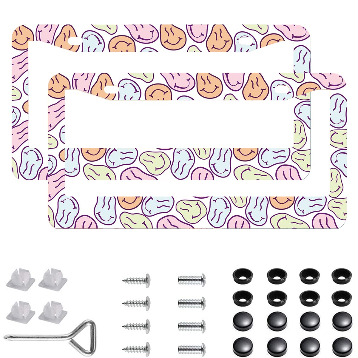 2Pcs Funny Smile License Plate Frames Cover Holders Stainless Steel Funny Smiley License Plate Cover With Screw Caps Cover And S