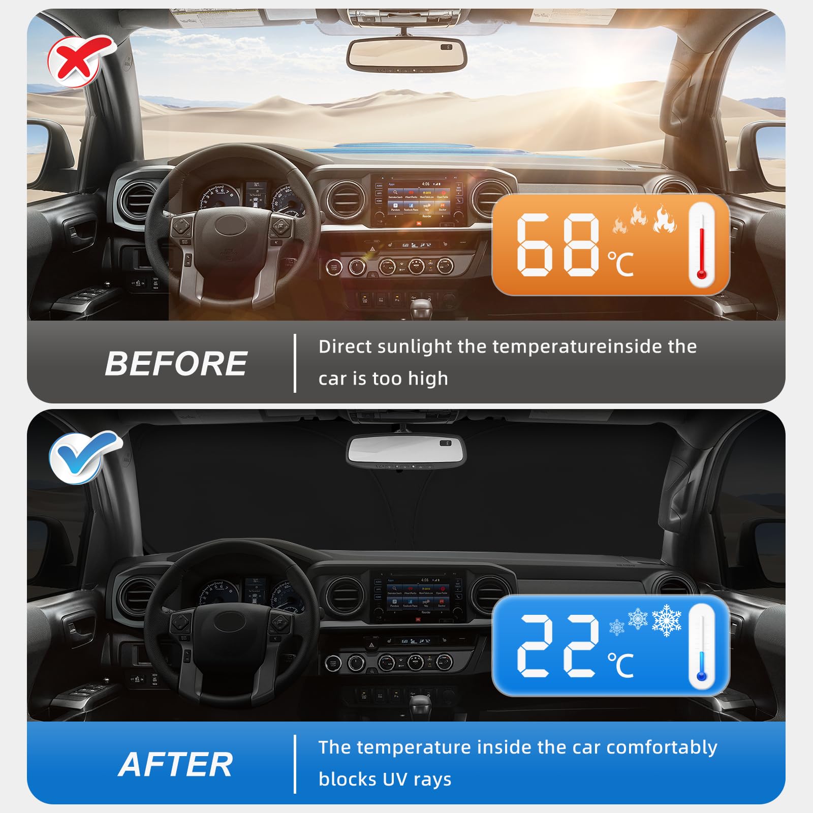 Windshield Sun Shade For Toyota Rav4 2019-2025 Double Layer 240T Front Window Shade Custom Fit Sun Visor Foldable Shade Blocks U