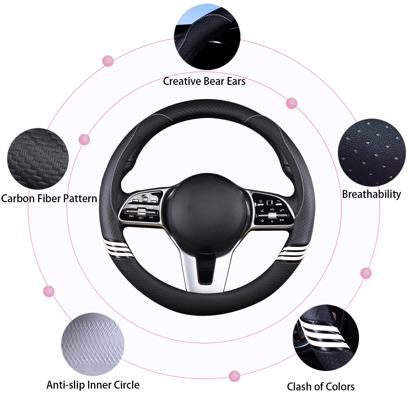 Binsheo Cute Steering Wheel Cover For Women Men Leather Universal 15 Inch,Black