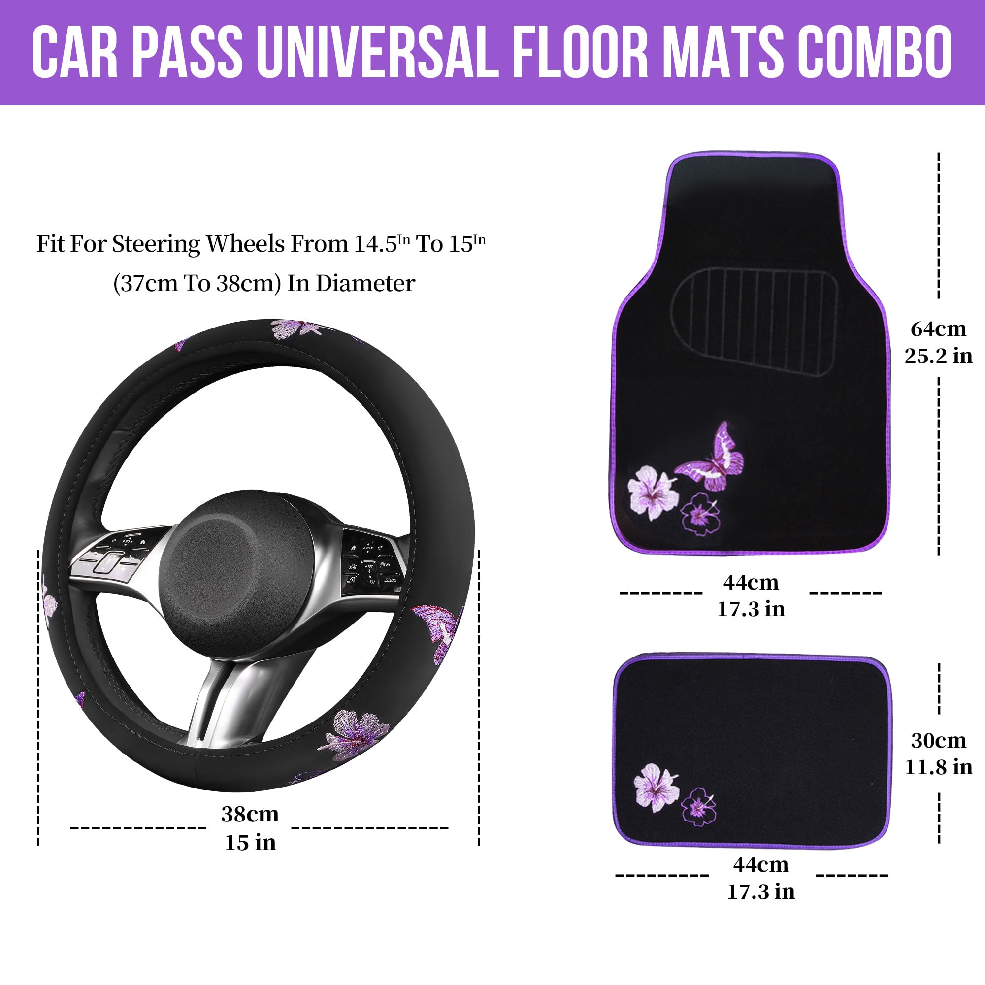 Car Pass Butterfly Steering Wheel Cover And Waterproof Car Floor Mats,Purple Car Mats 14.5-15Inch Steering Wheel Covers Universa